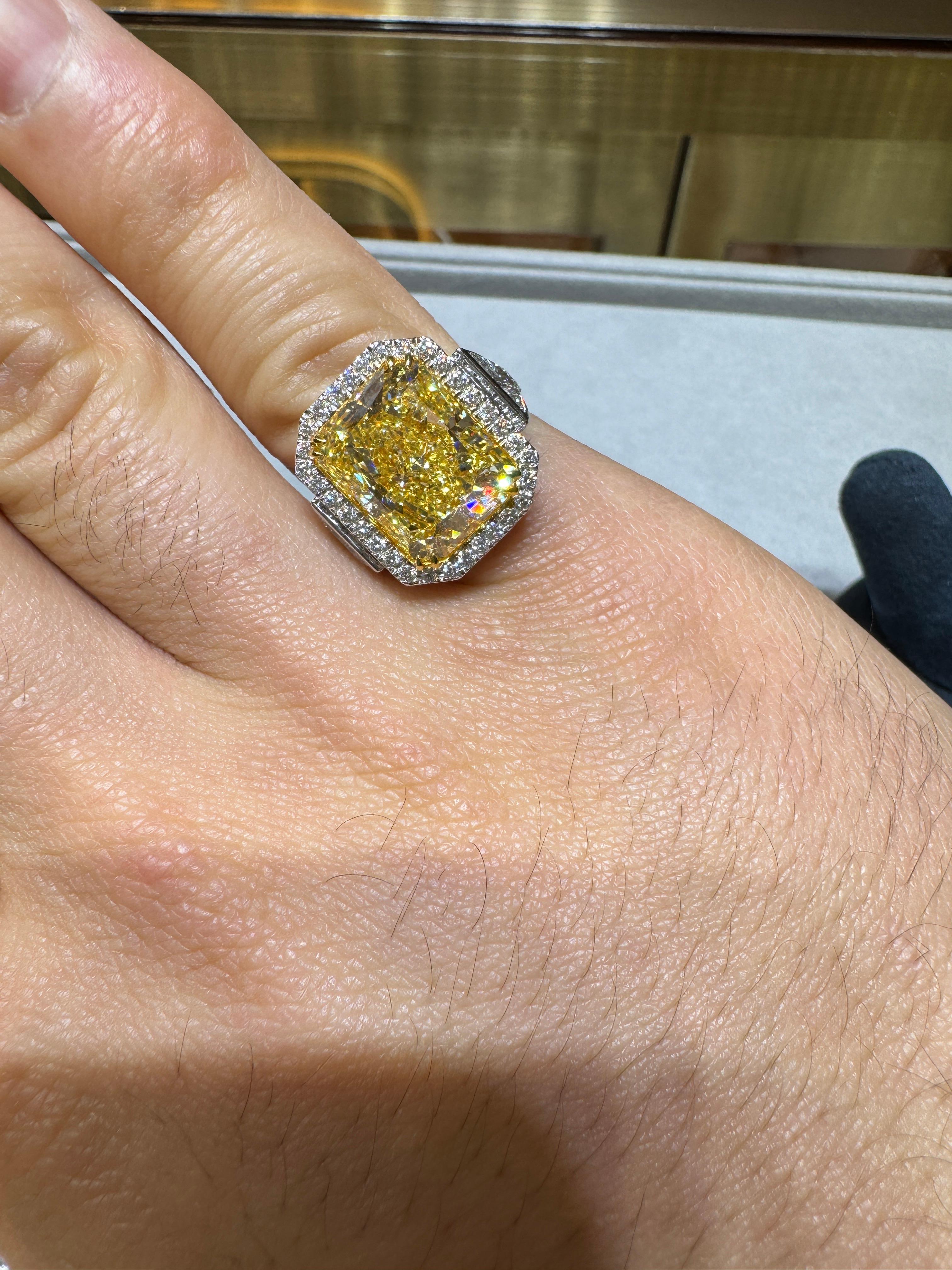 GIA Cert. 10.20 Carat Radiant Fancy Intense Yellow & Half Moon Cut Diamond Ring For Sale 2