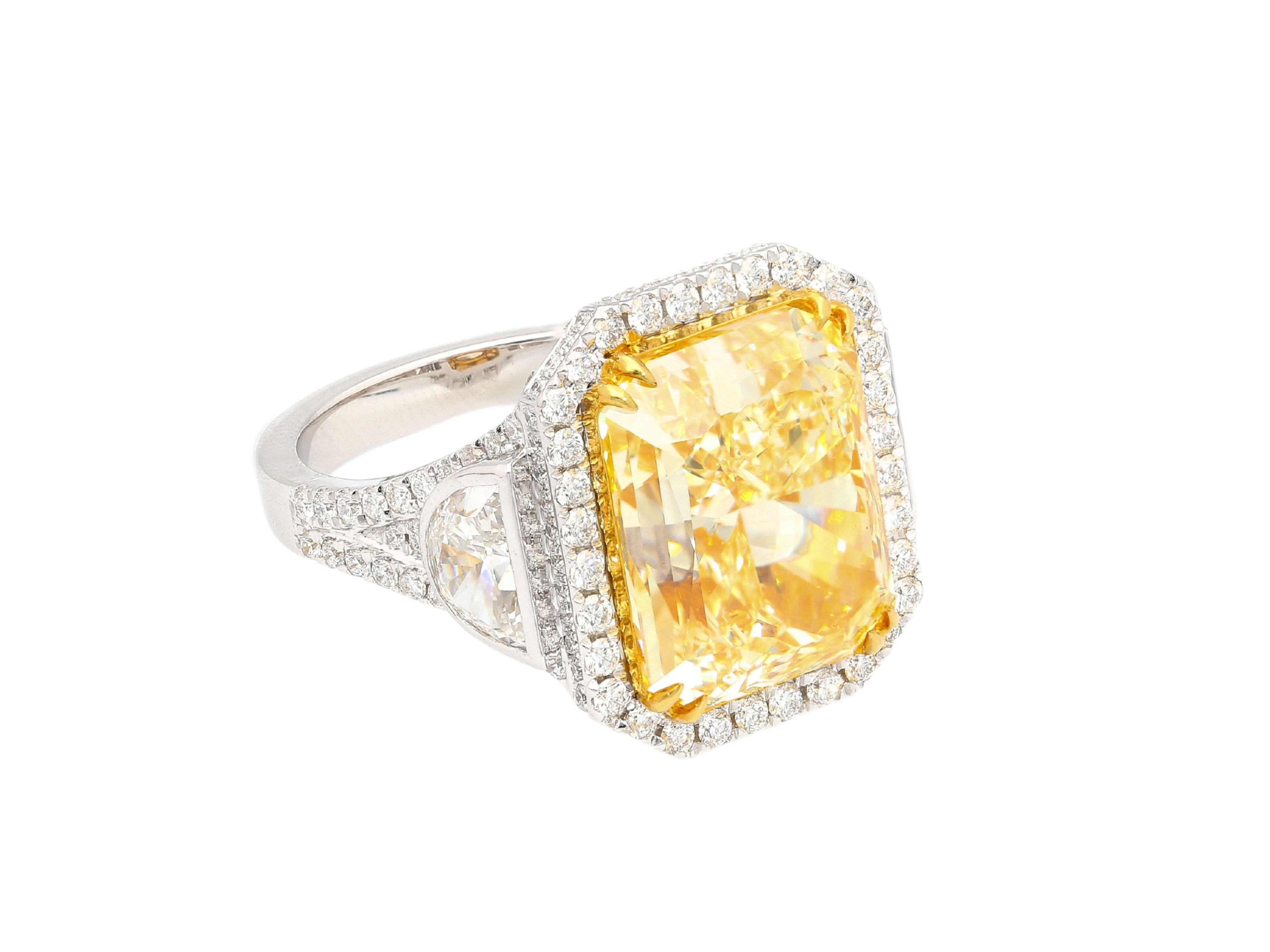 Radiant Cut GIA Cert. 10.20 Carat Radiant Fancy Intense Yellow & Half Moon Cut Diamond Ring For Sale