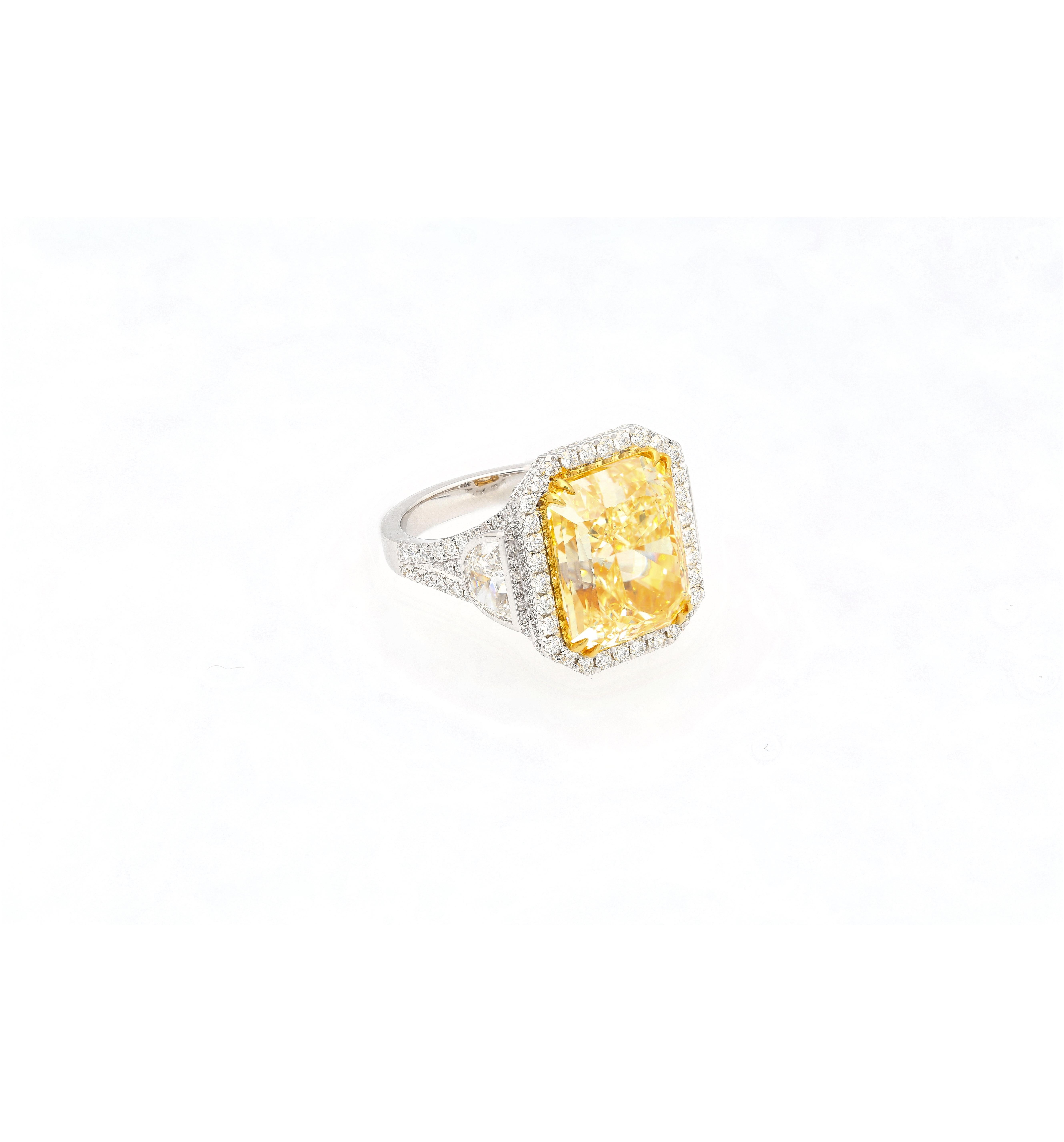 Radiant Cut GIA Cert. 10.20 Carat Radiant Fancy Intense Yellow & Half Moon Cut Diamond Ring For Sale