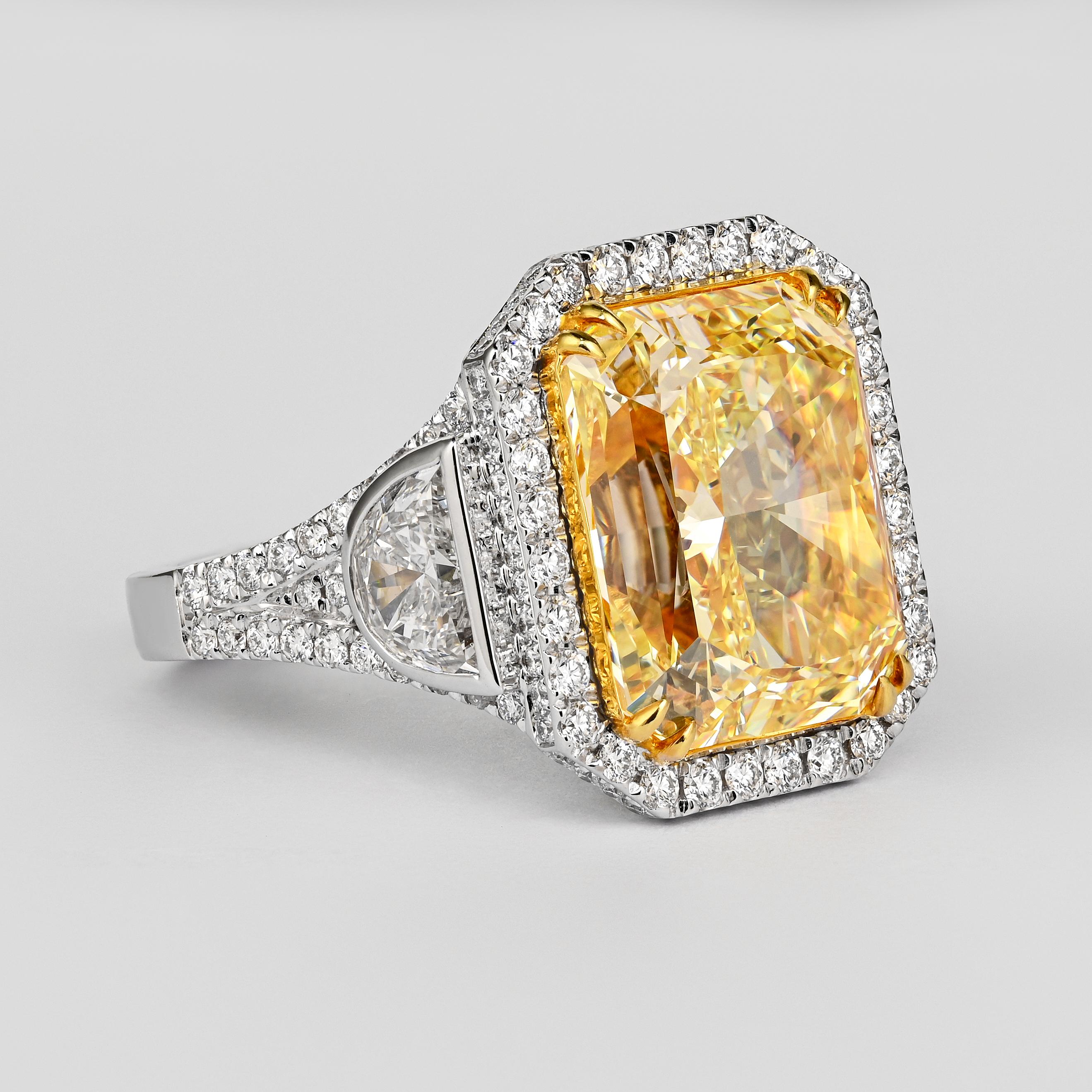 Modern GIA Cert. 10.20 Carat Radiant Fancy Intense Yellow & Half Moon Cut Diamond Ring For Sale