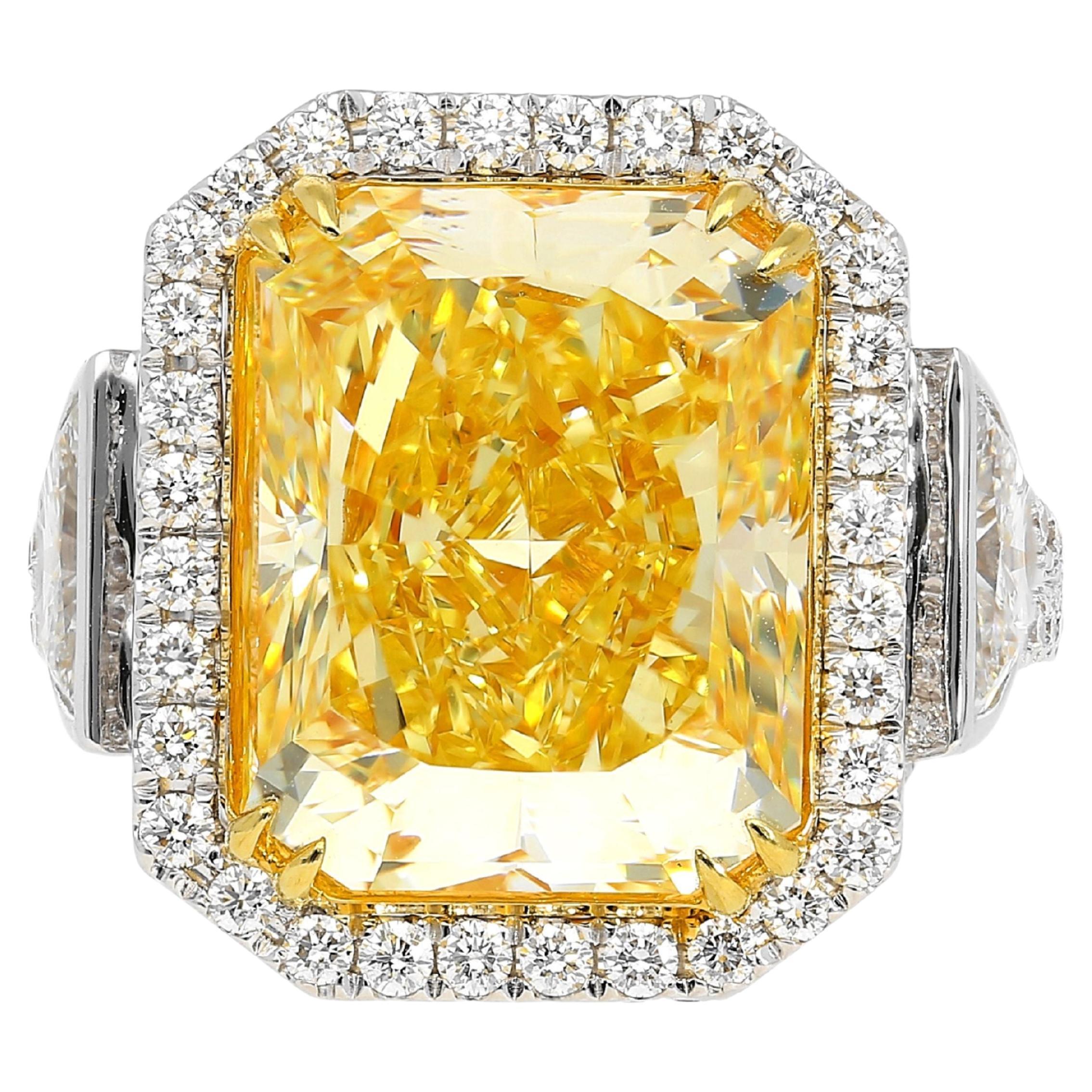 GIA Cert. 10.20 Carat Radiant Fancy Intense Yellow & Half Moon Cut Diamond Ring For Sale