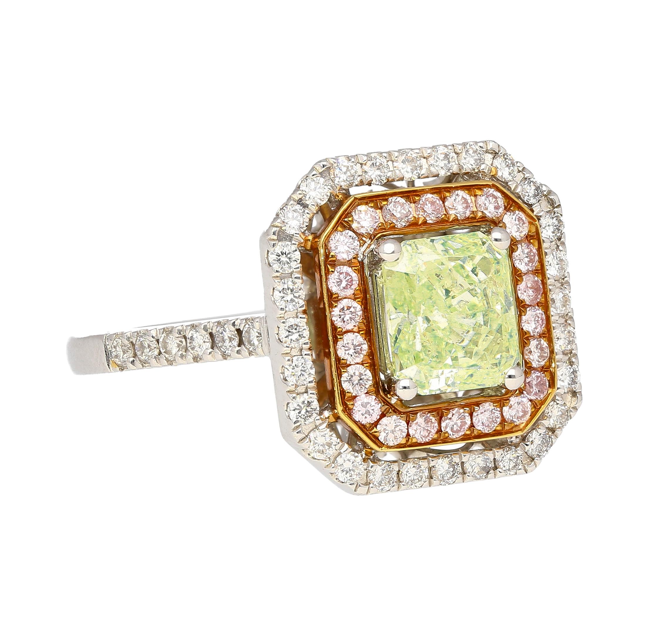 Discover the extraordinary beauty of our 1.12 Carat Fancy Light Greenish Yellow Natural Diamond Engagement Ring. Set in 18k white gold, this captivating ring features a vibrant center stone that takes center stage. Adorned with a pink diamond halo