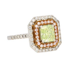 GIA Cert 1.12 Carat Radiant Cut Fancy Light Green-Yellow Diamond Ring in 18k