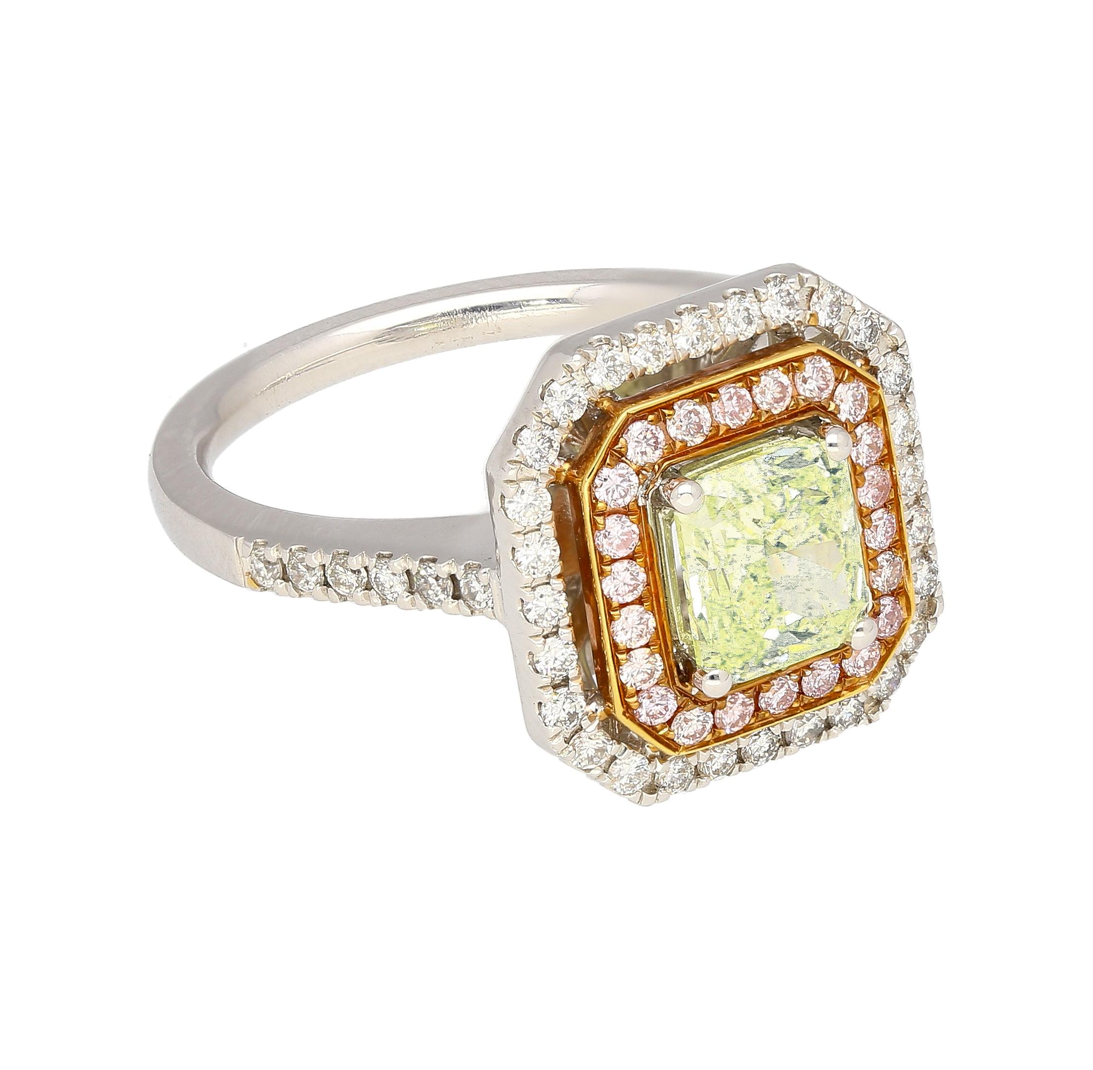 Art Deco GIA Cert 1.12 Carat Radiant Cut Fancy Light Green-Yellow Diamond Ring in 18k For Sale