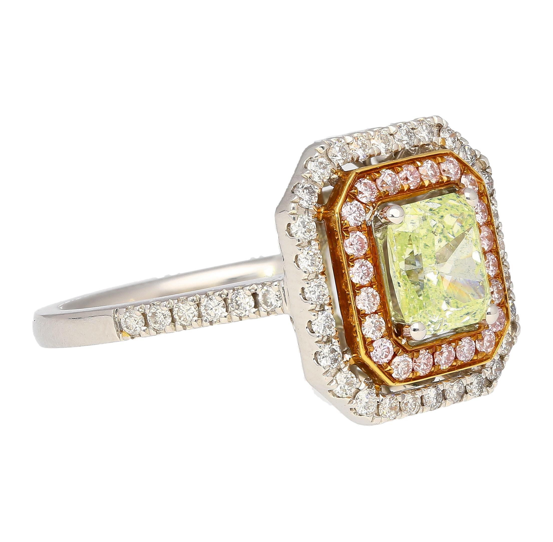 GIA Cert 1.12 Carat Radiant Cut Fancy Light Green-Yellow Diamond Ring in 18k In New Condition For Sale In Miami, FL