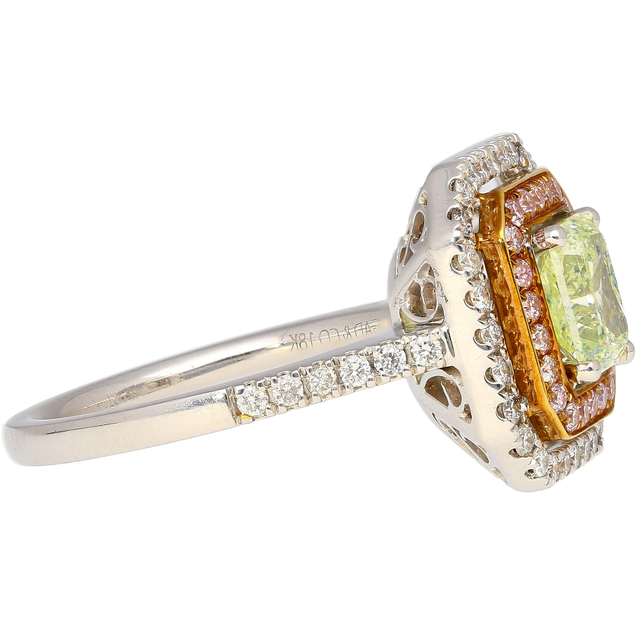 Women's GIA Cert 1.12 Carat Radiant Cut Fancy Light Green-Yellow Diamond Ring in 18k For Sale