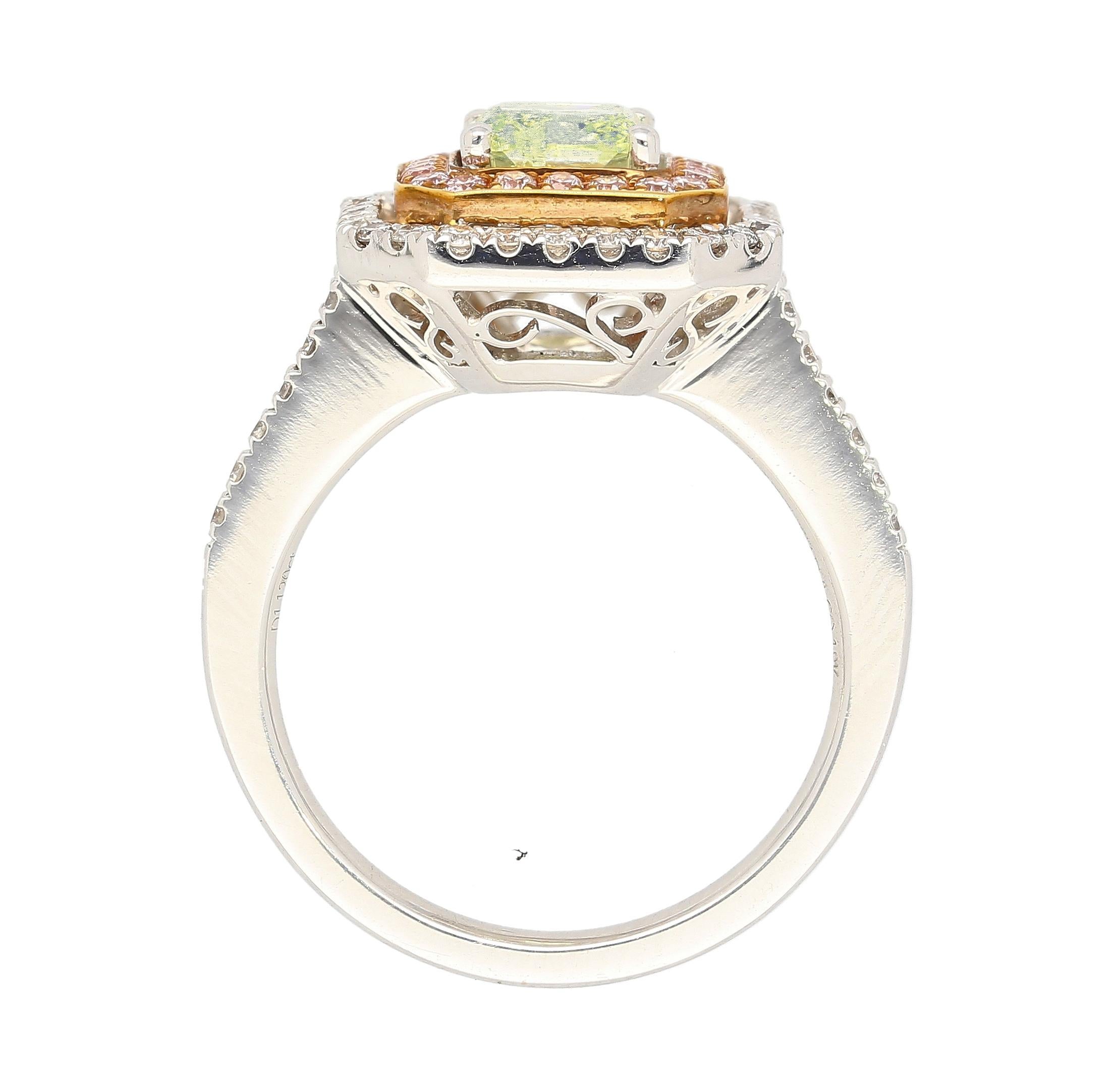 GIA Cert 1.12 Carat Radiant Cut Fancy Light Green-Yellow Diamond Ring in 18k For Sale 1