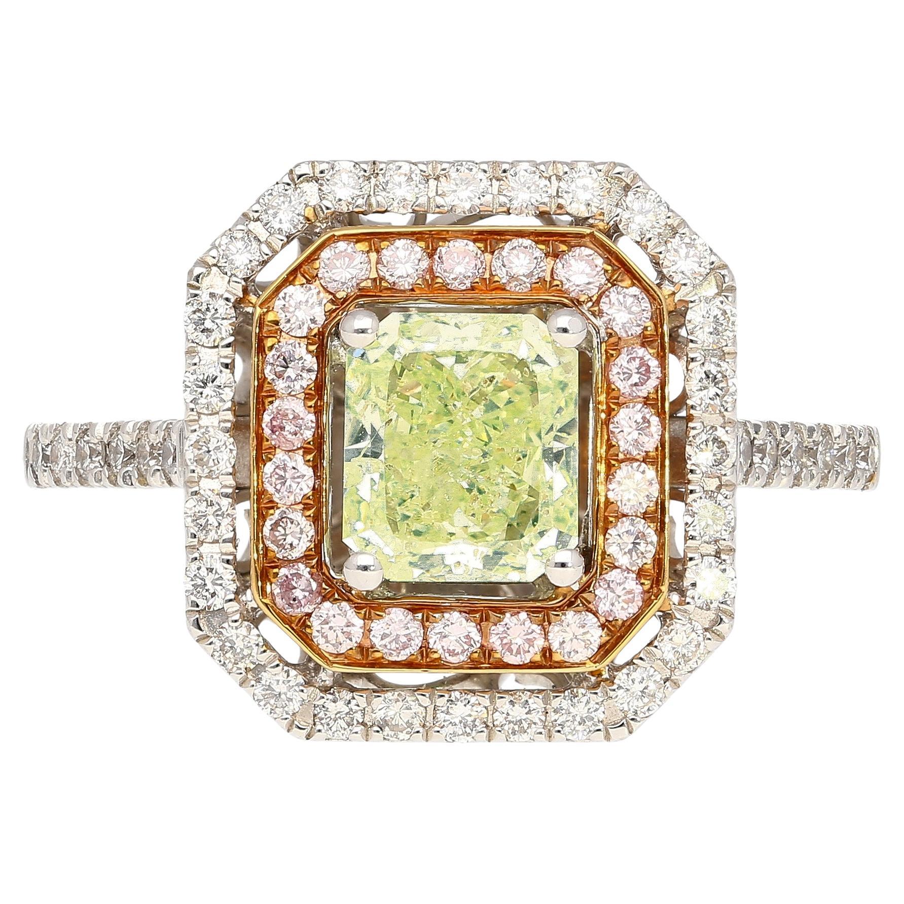 GIA Cert 1.12 Carat Radiant Cut Fancy Light Green-Yellow Diamond Ring in 18k For Sale