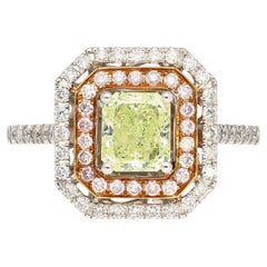 GIA Cert 1.12 Carat Radiant Cut Fancy Light Green-Yellow Diamond Ring in 18k