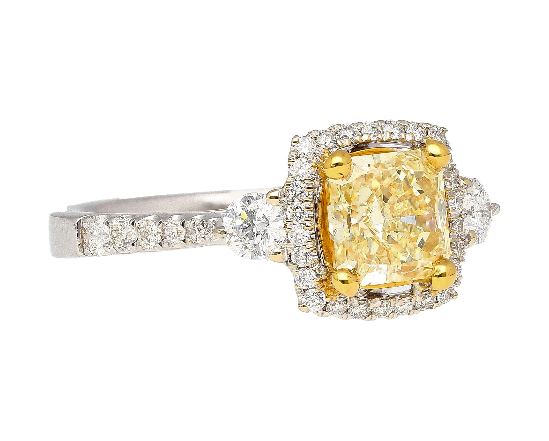 Modern GIA Cert 1.24 Carat Radiant Cut Yellow (Y-Z) Diamond Ring in 18K White Gold For Sale