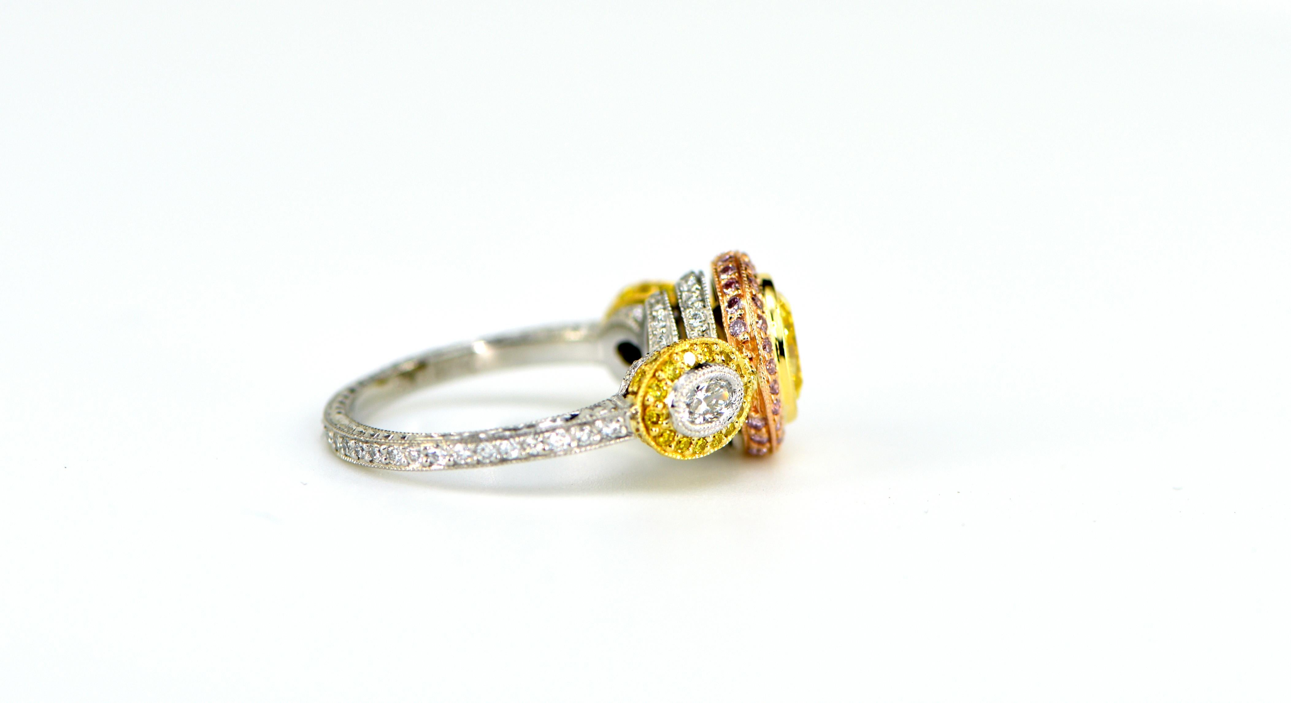 Art Deco GIA Cert 1.27ct Oval Fancy Intense Yellow Platinum Diamond Ring For Sale