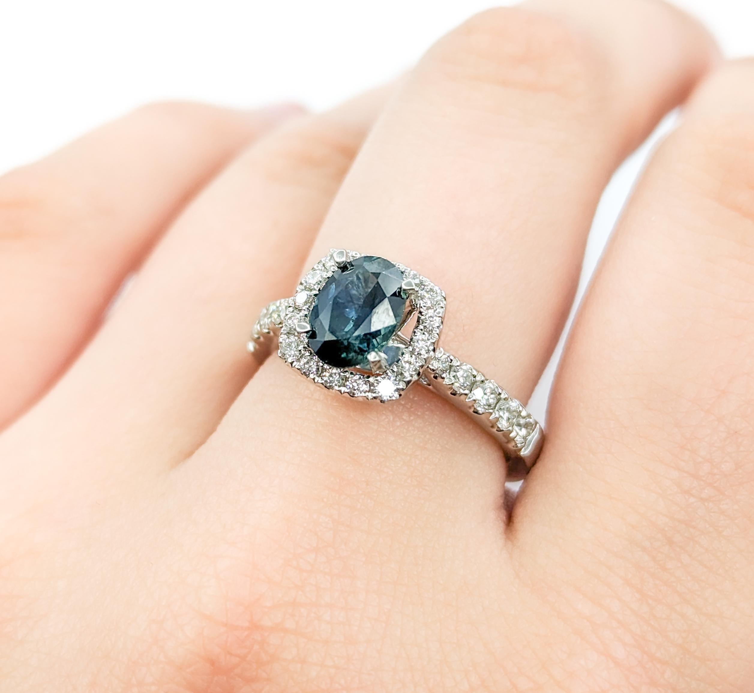 Contemporary GIA Cert 1.43ct Montana Sapphire & Diamond Halo Ring in Platinum