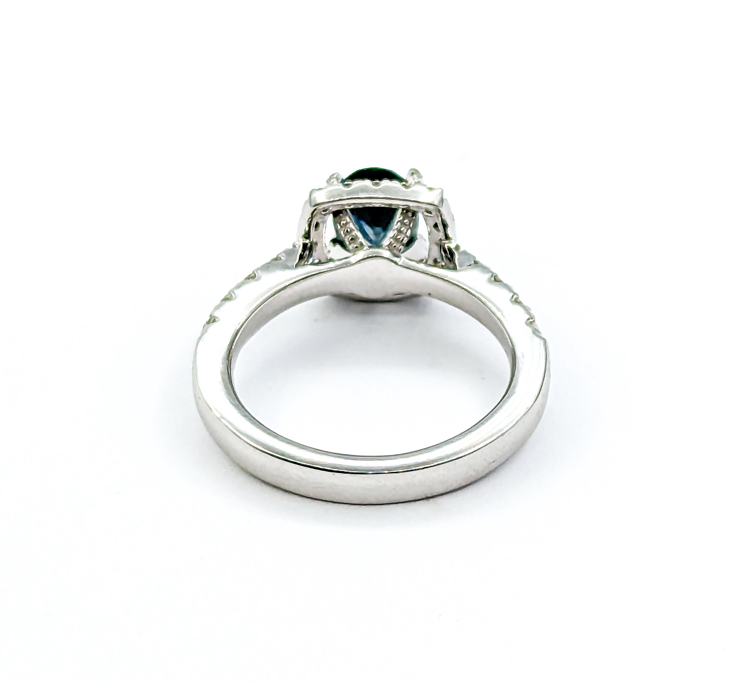 GIA Cert 1.43ct Montana Sapphire & Diamond Halo Ring in Platinum In Excellent Condition In Bloomington, MN