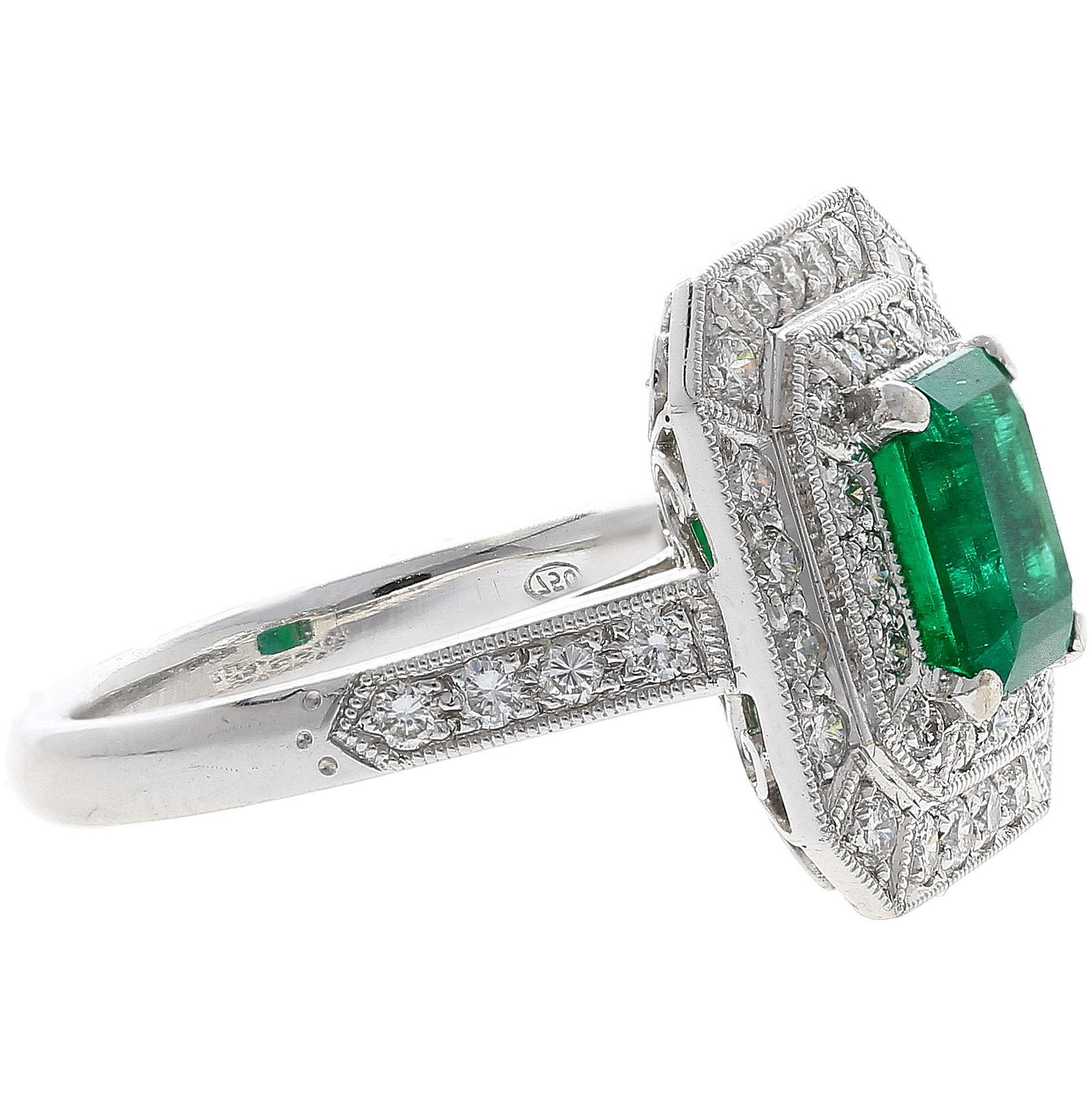 Art Deco GIA Cert. 1.46 Carat Colombian Emerald & Diamond Filigree Vintage Ring in 18K For Sale