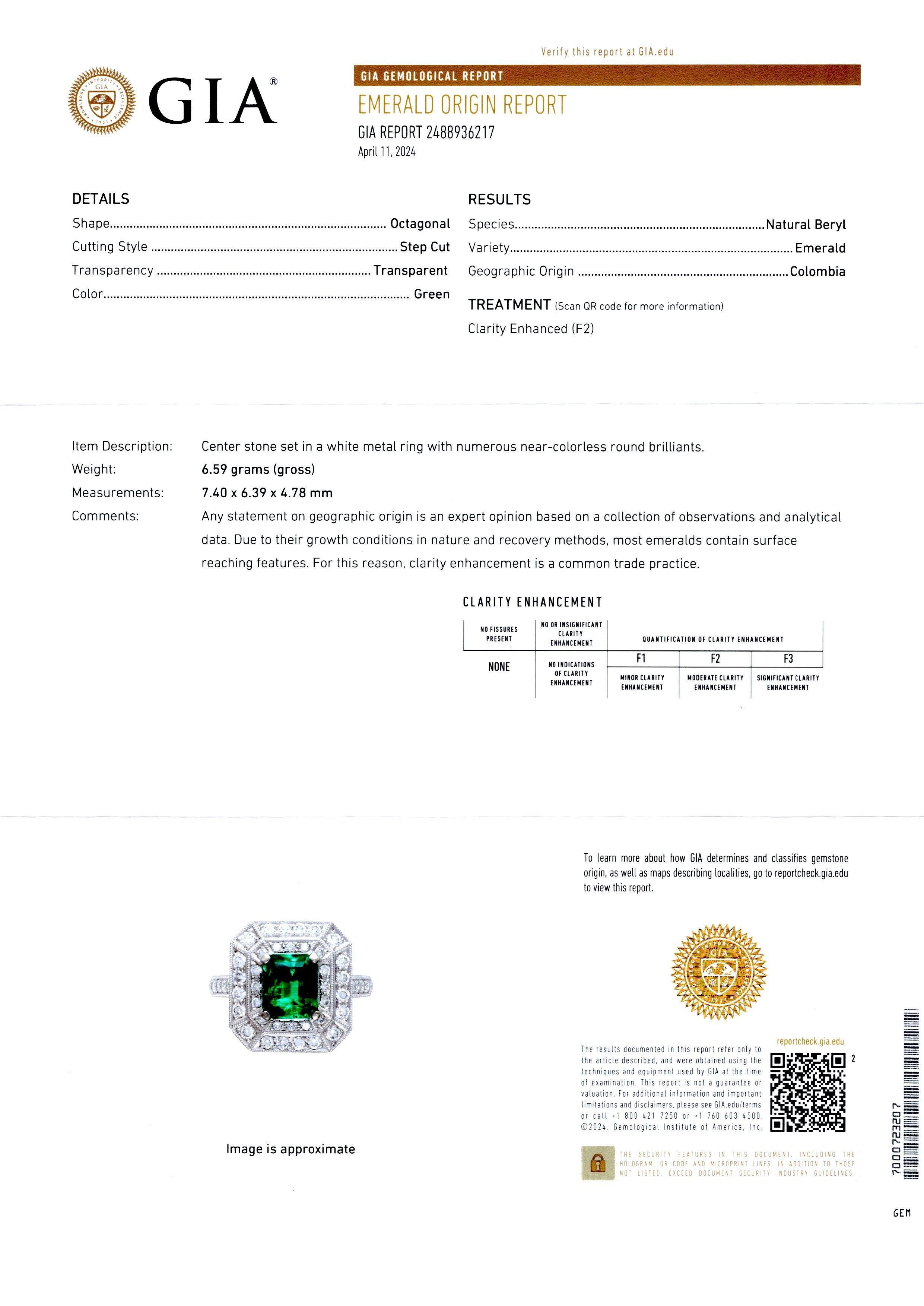 GIA Cert. 1.46 Carat Colombian Emerald & Diamond Filigree Vintage Ring in 18K In Excellent Condition For Sale In Miami, FL