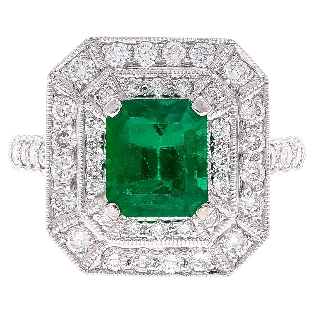 GIA Cert. 1.46 Carat Colombian Emerald & Diamond Filigree Vintage Ring in 18K For Sale