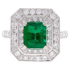 GIA Cert. 1.46 Carat Colombian Emerald & Diamond Filigree Vintage Ring in 18K