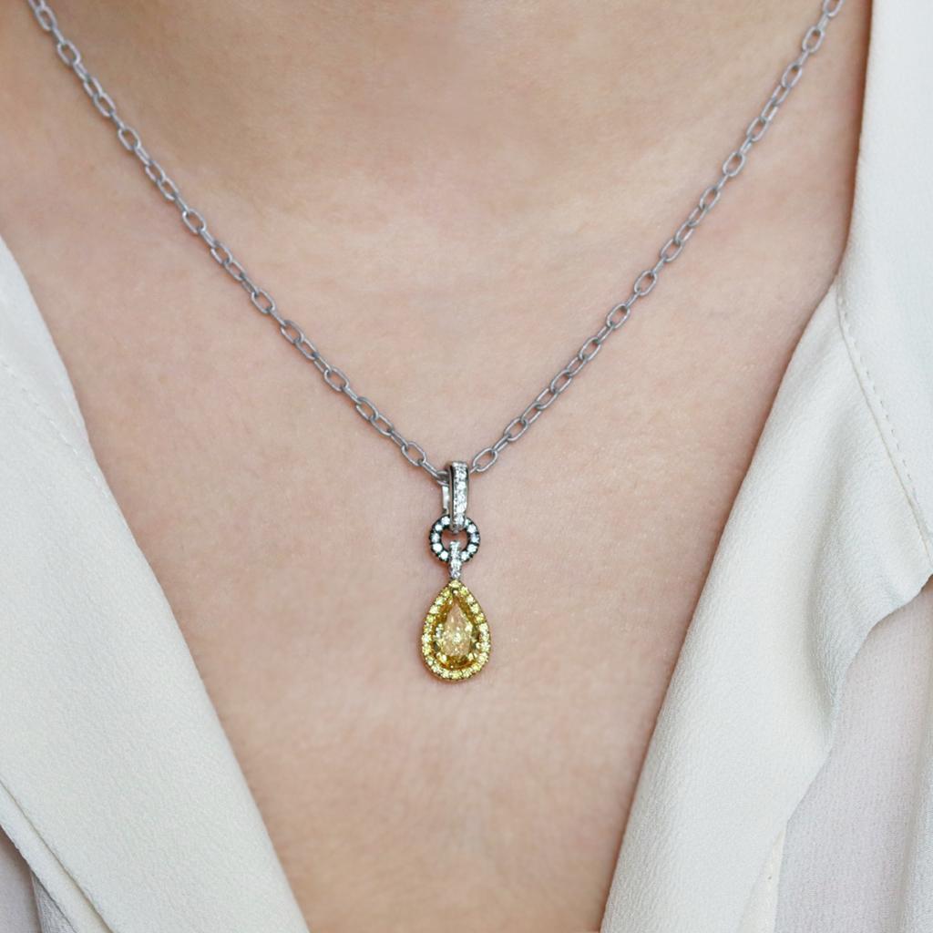 Pear Cut GIA Cert 1.50 Ct Yellow Blue Diamond Pendant Charm Enhancer Bail, Matte Necklace