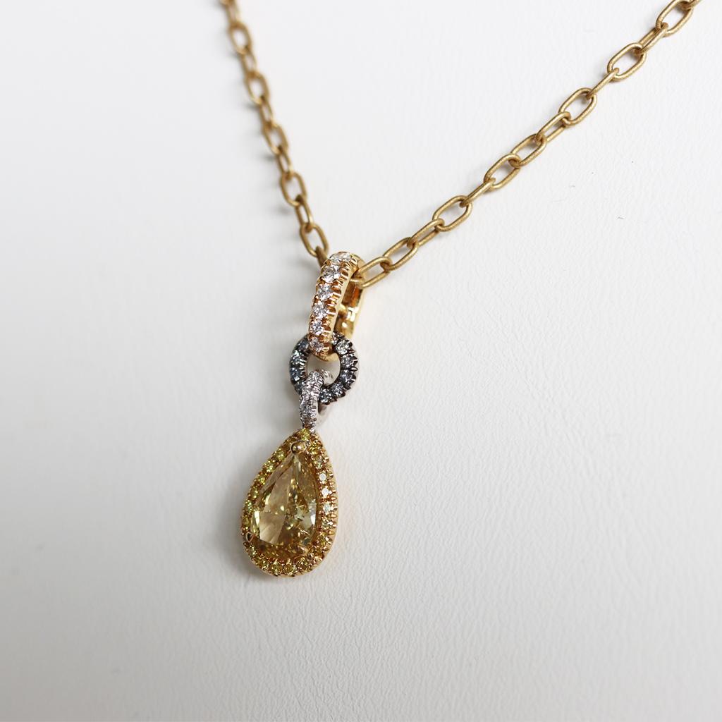 Pear Cut GIA Cert 1.50 Ct Yellow Blue Diamond Pendant Charm Enhancer Bail, Matte Necklace For Sale