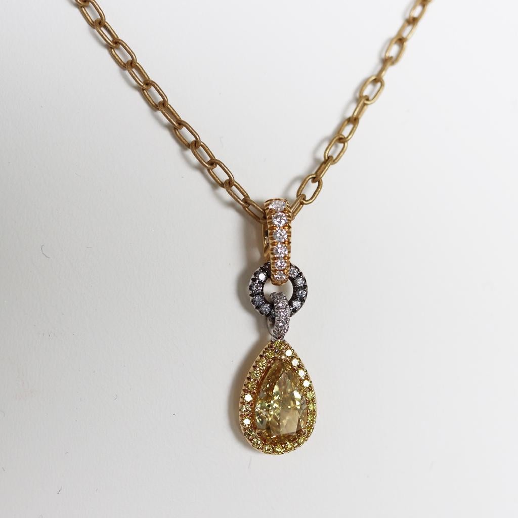 Women's GIA Cert 1.50 Ct Yellow Blue Diamond Pendant Charm Enhancer Bail, Matte Necklace For Sale