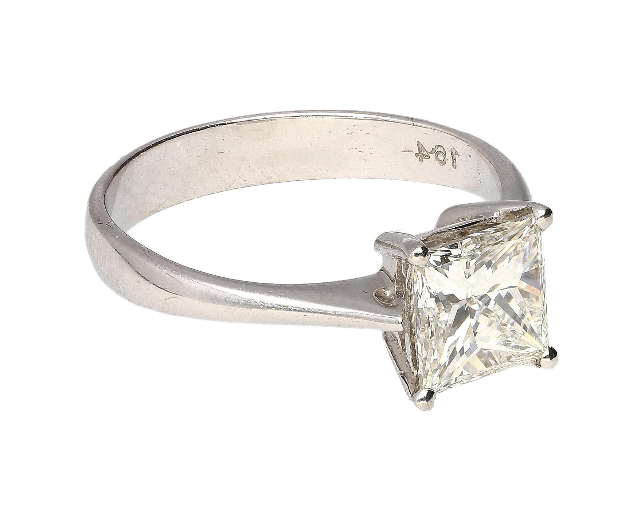 Women's GIA Cert. 1.64 Carat Princess Cut Diamond Solitaire Setting 18K White Gold Ring For Sale