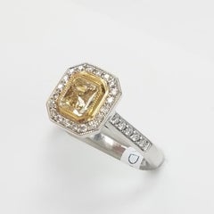 GIA Cert. 18 Karat White Cushion Cut Gold Fancy Yellow Diamond and Diamond Ring