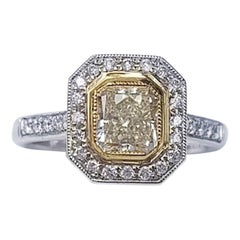 GIA Cert. 18 Karat White Cushion Cut Gold Fancy Yellow Diamond and Diamond Ring