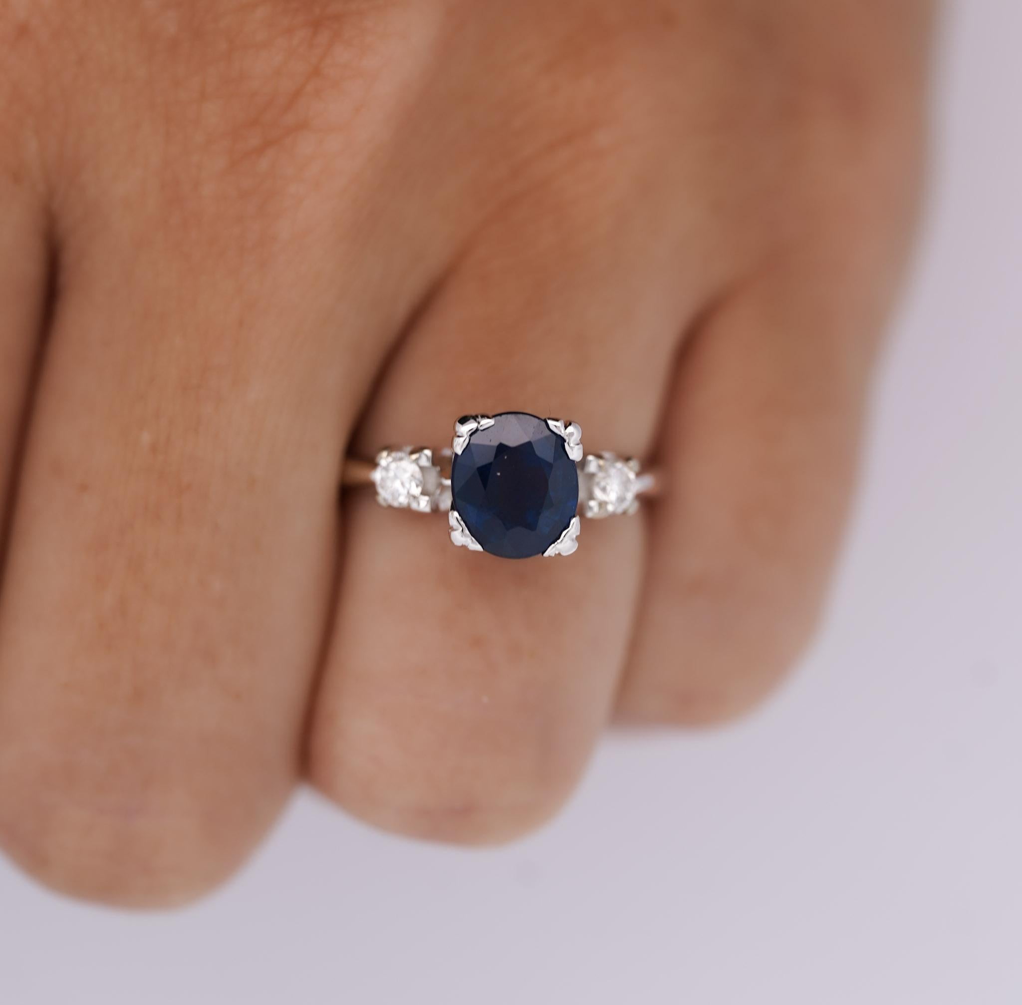 Art Deco GIA Cert. 1.85 Carat Oval Blue Sapphire & Diamond 14K White Gold 3 Stone Ring For Sale