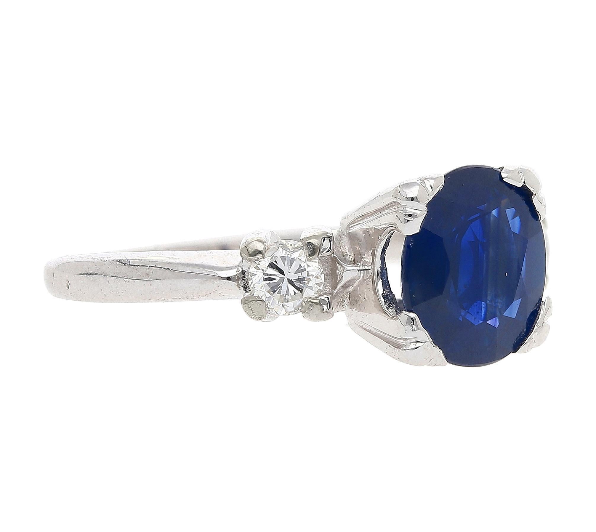 Women's GIA Cert. 1.85 Carat Oval Blue Sapphire & Diamond 14K White Gold 3 Stone Ring For Sale