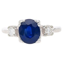 GIA Cert. 1.85 Carat Oval Blue Sapphire & Diamond 14K White Gold 3 Stone Ring