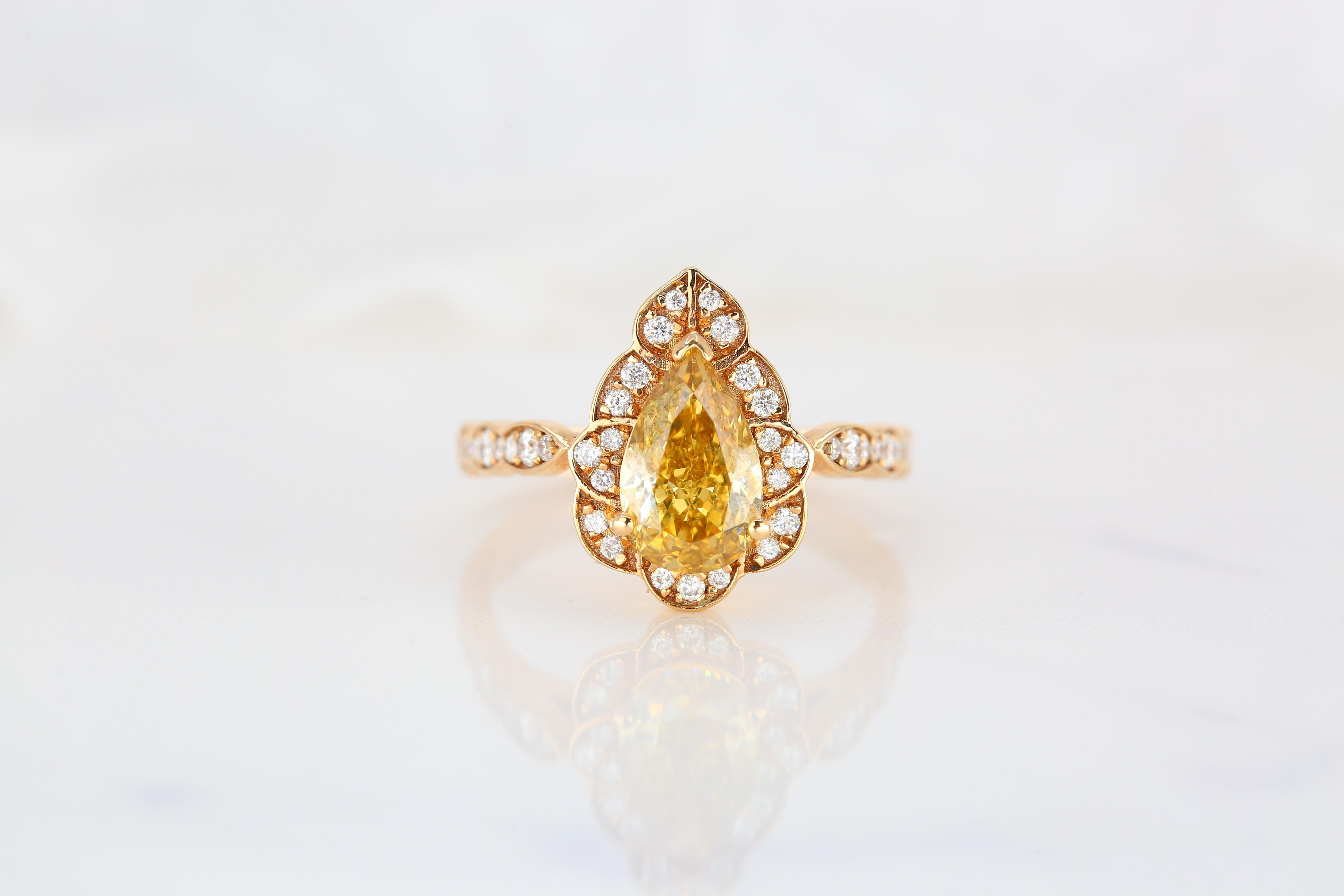 For Sale:  GIA Cert 18K Gold 1.53 ct. Pear Shape Fancy Yellow Diamond Solitaire Bridal Ring 12