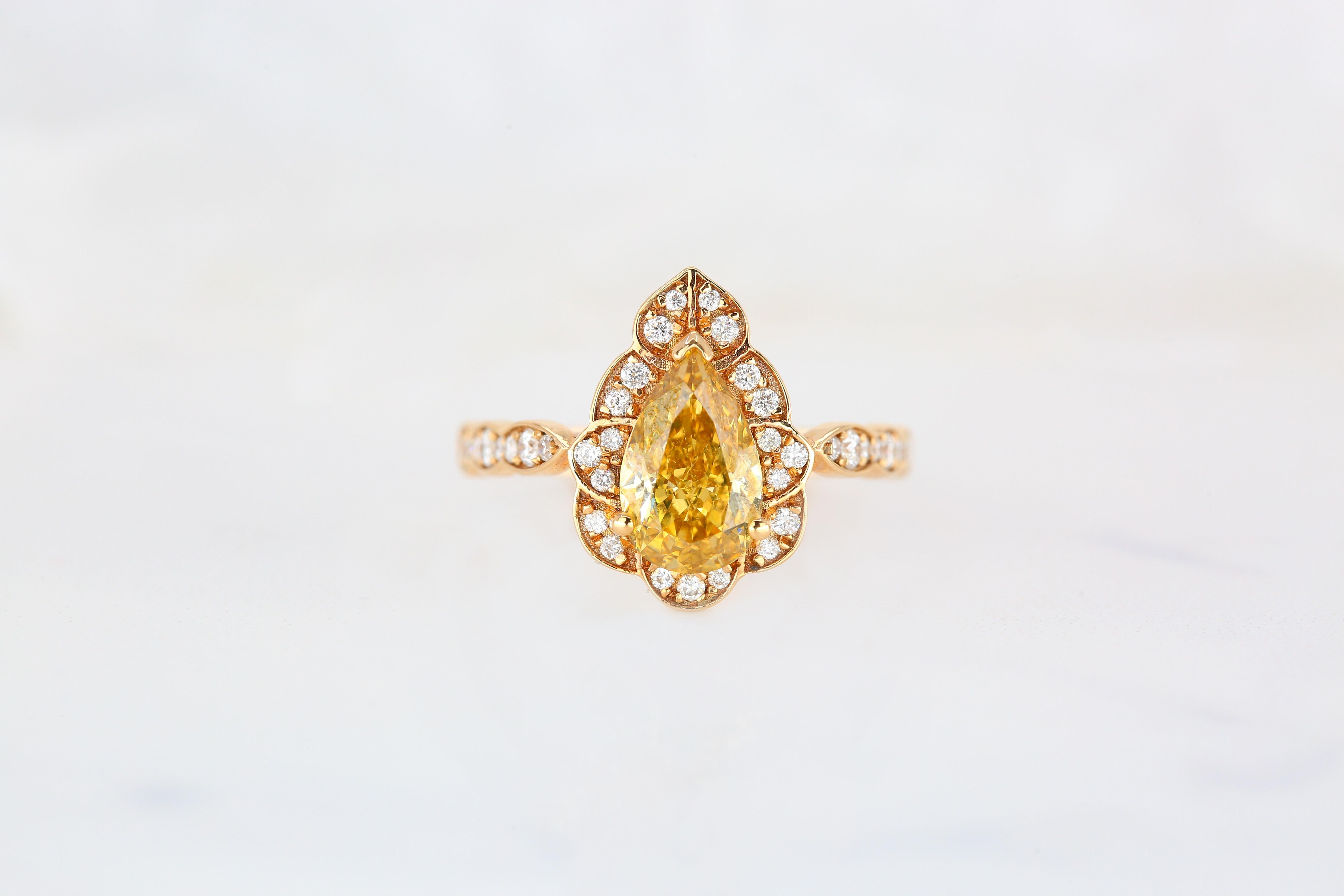 For Sale:  GIA Cert 18K Gold 1.53 ct. Pear Shape Fancy Yellow Diamond Solitaire Bridal Ring 13