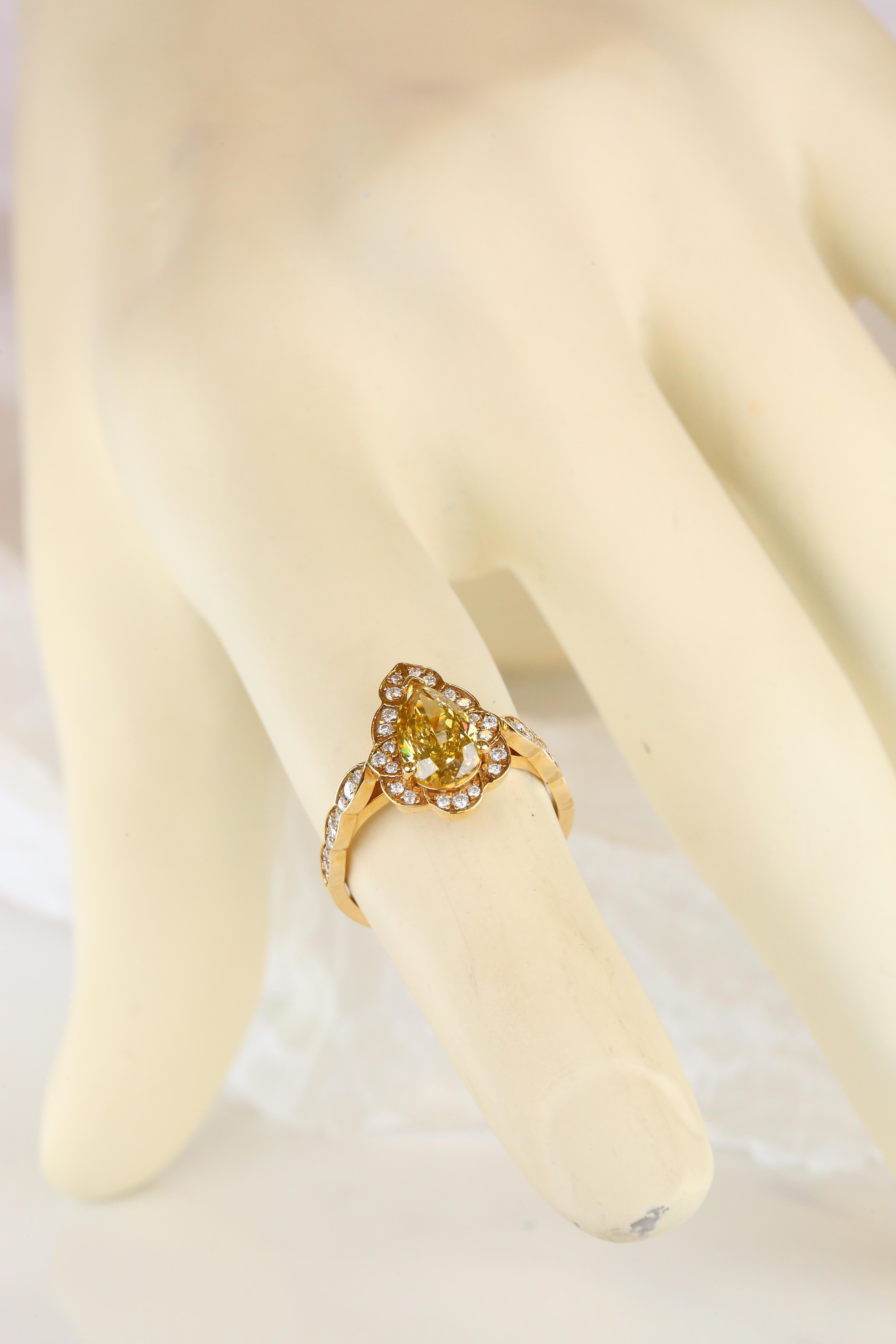 For Sale:  GIA Cert 18K Gold 1.53 ct. Pear Shape Fancy Yellow Diamond Solitaire Bridal Ring 16