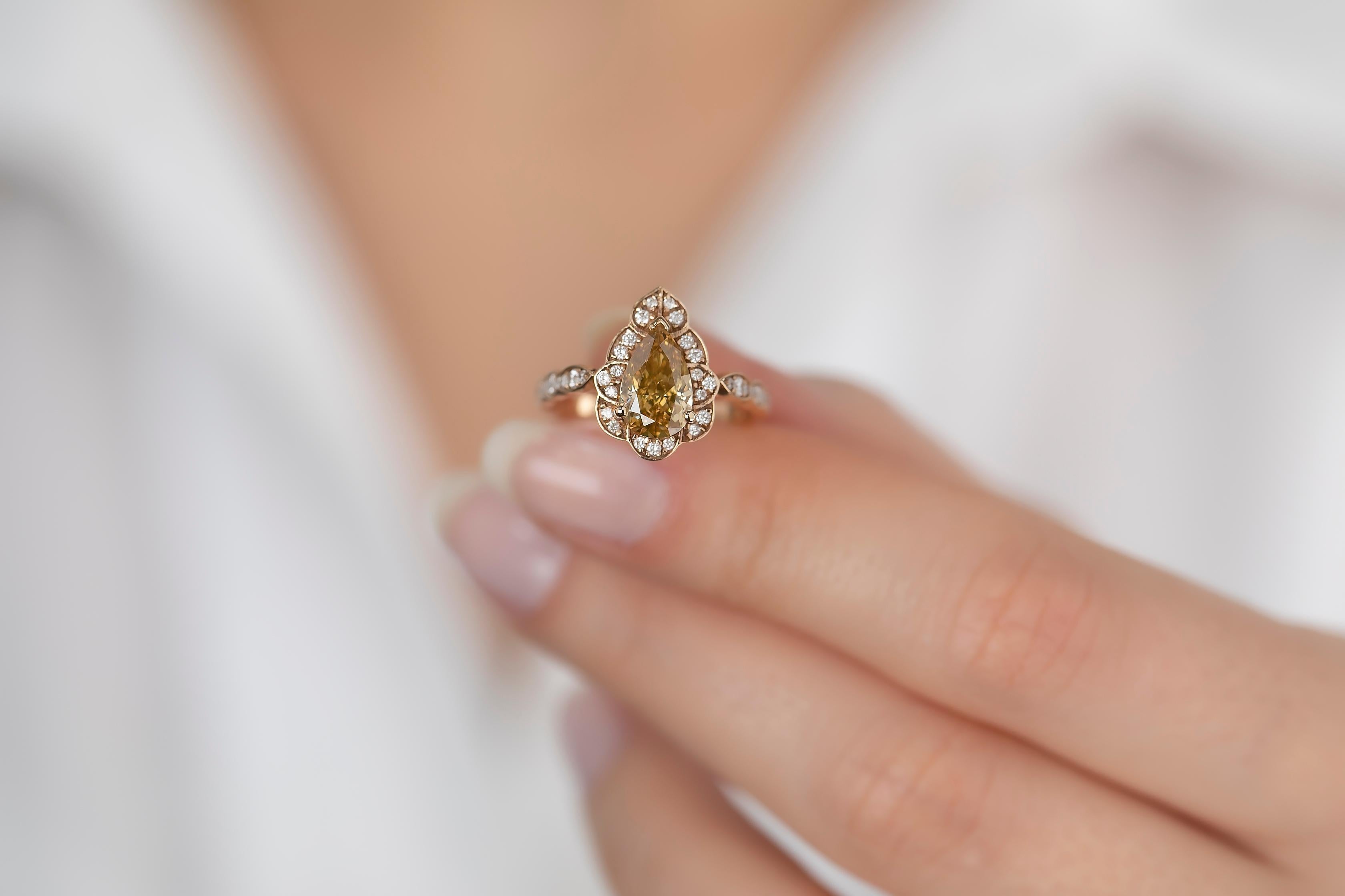 For Sale:  GIA Cert 18K Gold 1.53 ct. Pear Shape Fancy Yellow Diamond Solitaire Bridal Ring 2