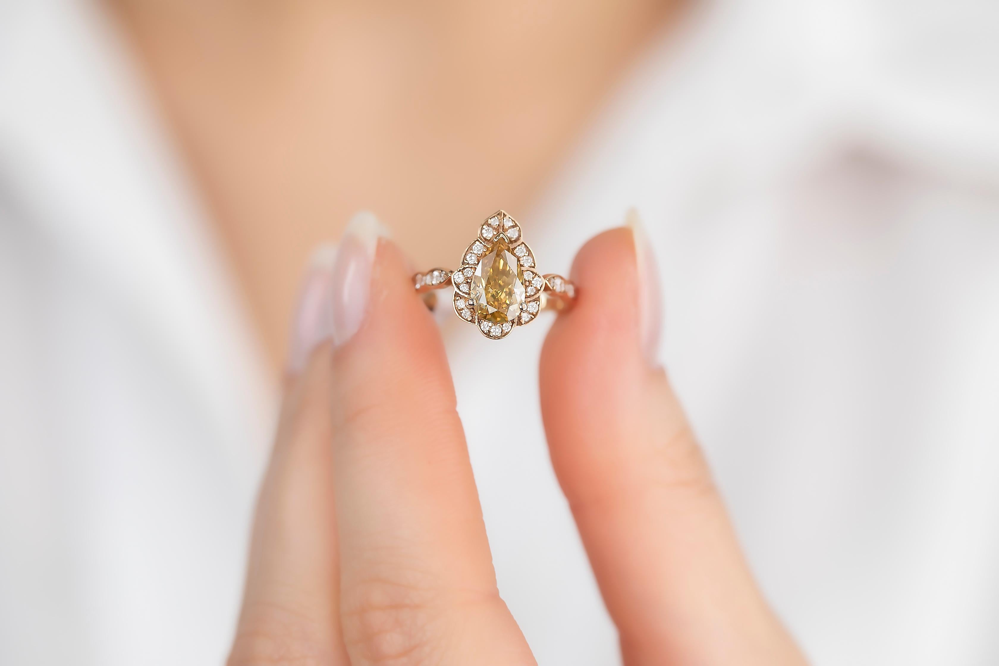 For Sale:  GIA Cert 18K Gold 1.53 ct. Pear Shape Fancy Yellow Diamond Solitaire Bridal Ring 3