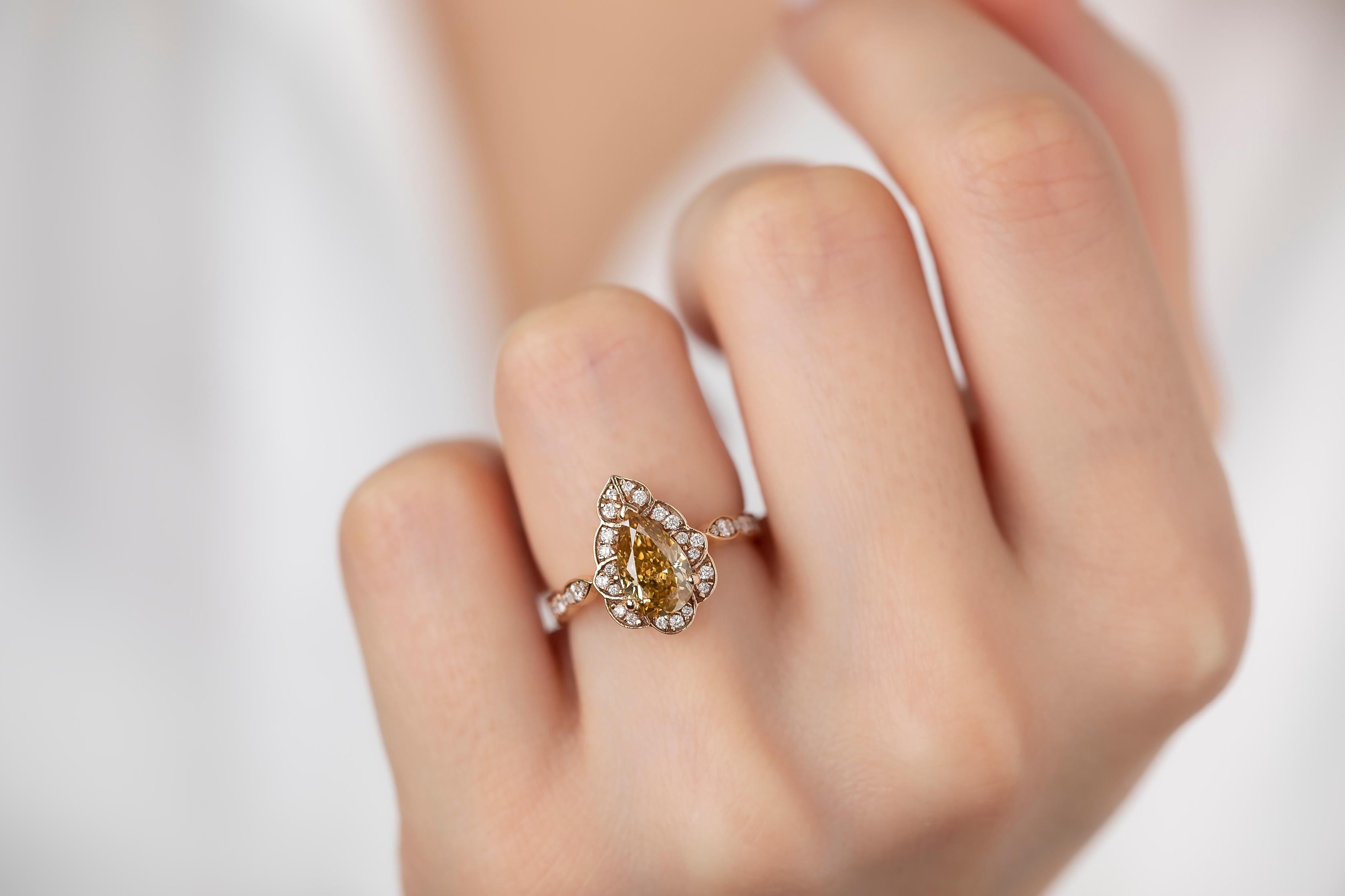 For Sale:  GIA Cert 18K Gold 1.53 ct. Pear Shape Fancy Yellow Diamond Solitaire Bridal Ring 5