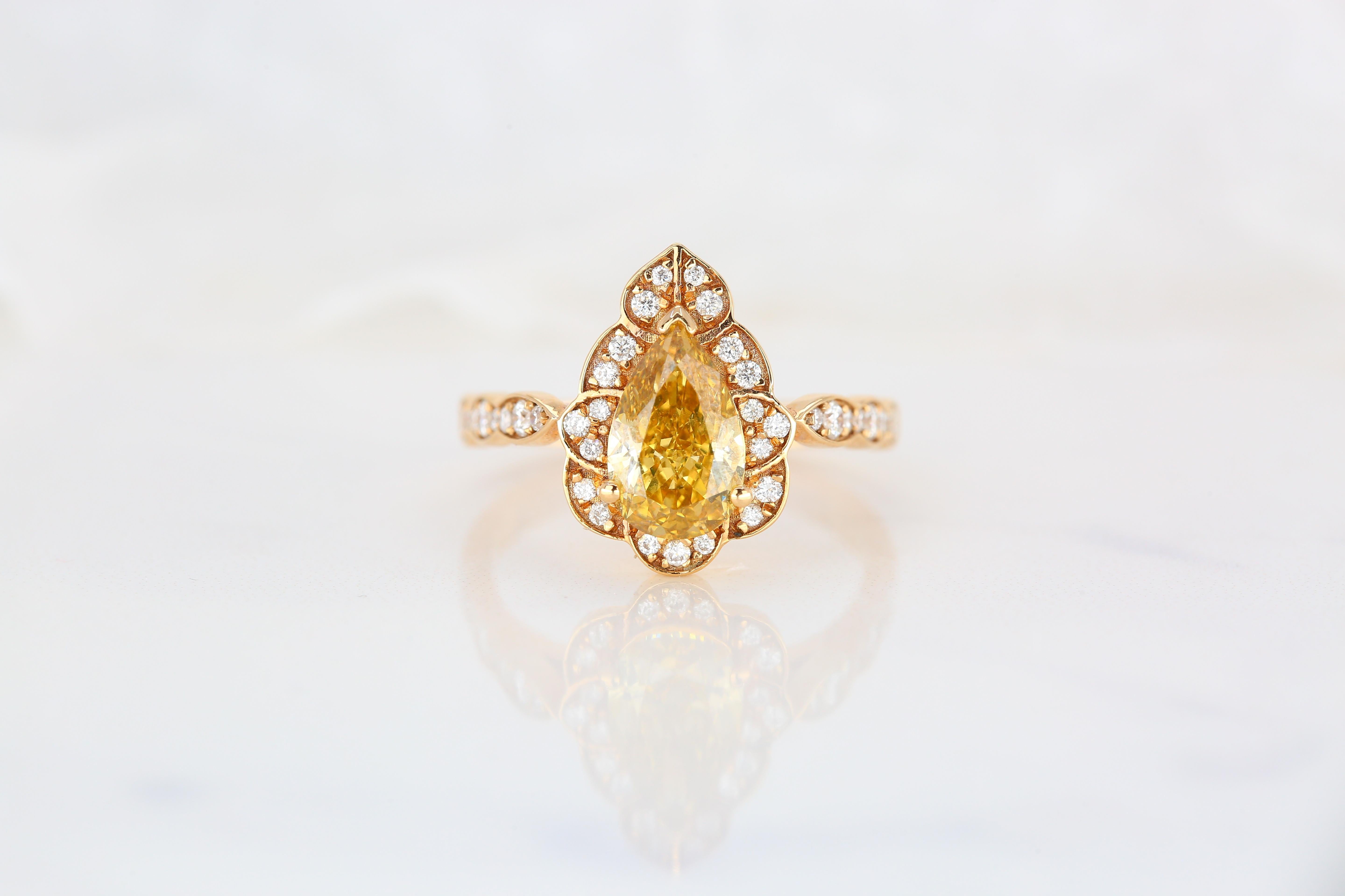 For Sale:  GIA Cert 18K Gold 1.53 ct. Pear Shape Fancy Yellow Diamond Solitaire Bridal Ring 6
