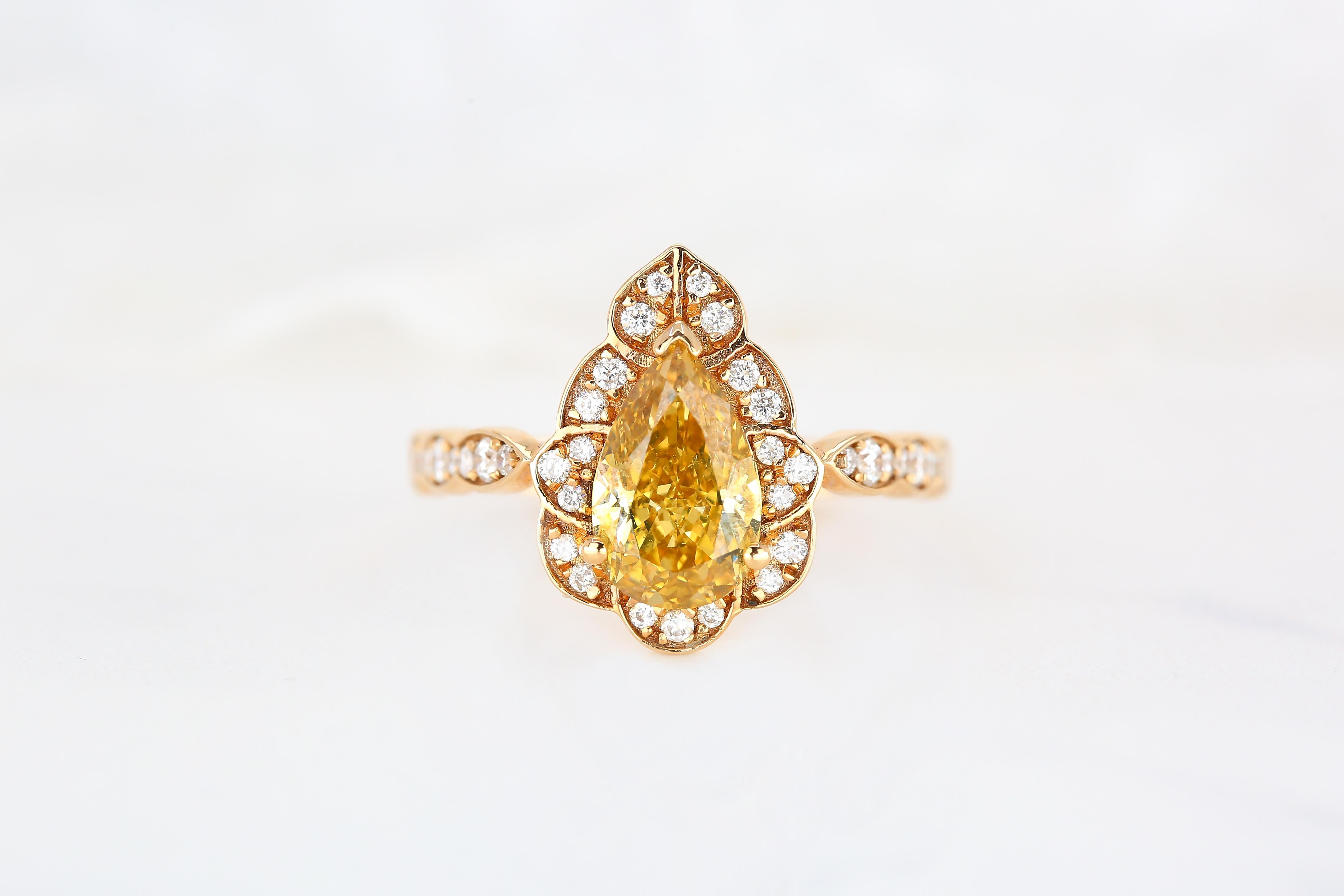For Sale:  GIA Cert 18K Gold 1.53 ct. Pear Shape Fancy Yellow Diamond Solitaire Bridal Ring 7