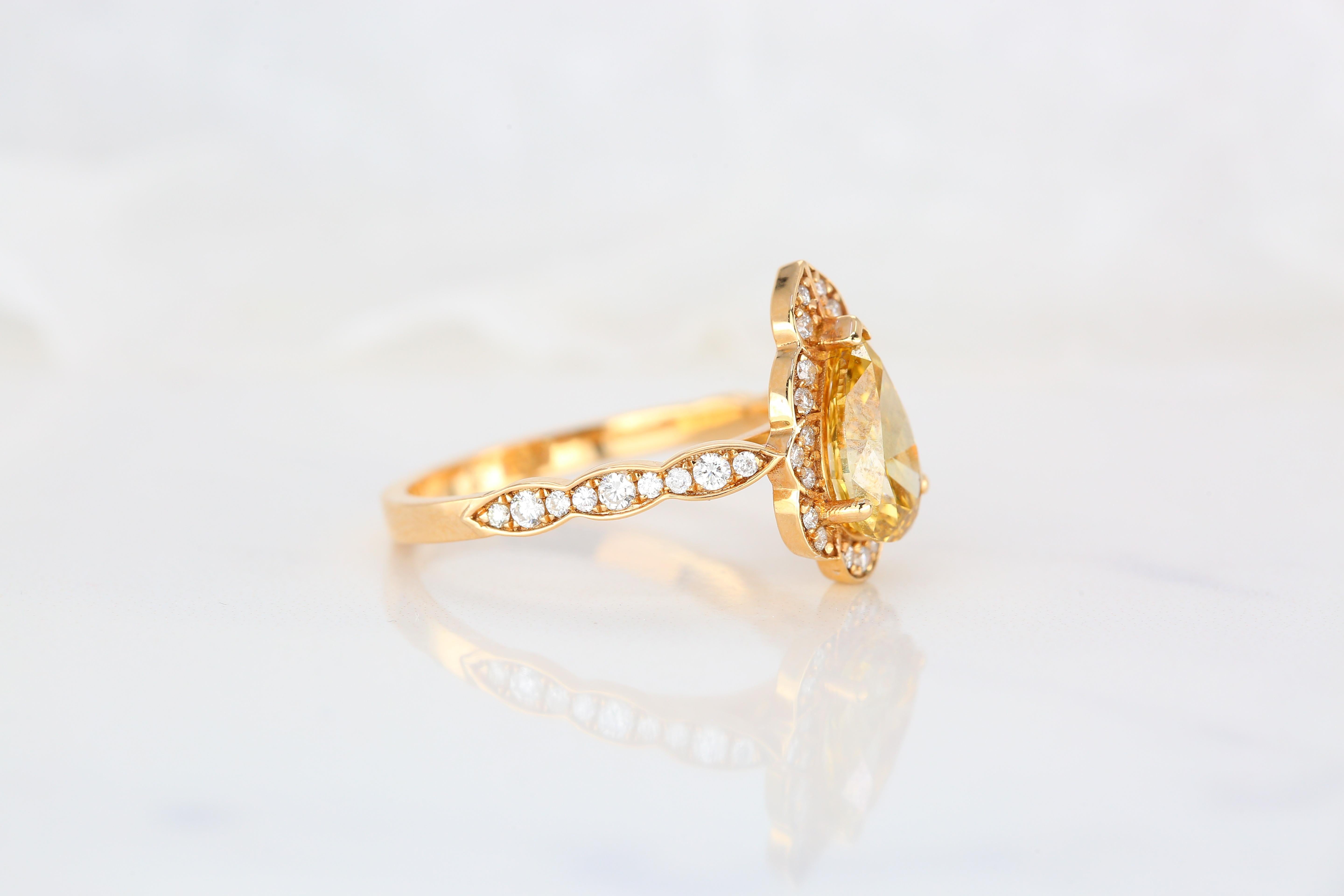 For Sale:  GIA Cert 18K Gold 1.53 ct. Pear Shape Fancy Yellow Diamond Solitaire Bridal Ring 8