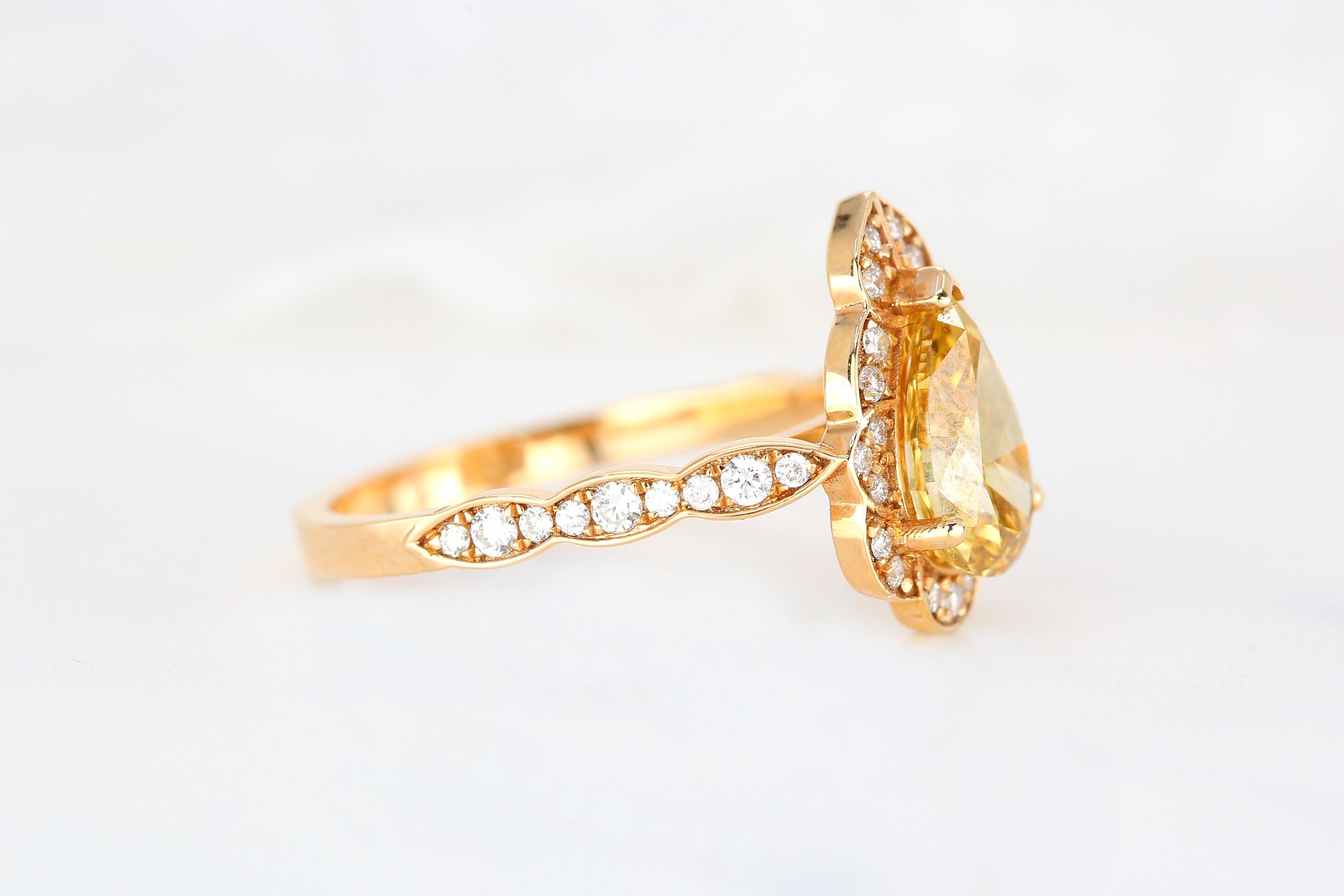 For Sale:  GIA Cert 18K Gold 1.53 ct. Pear Shape Fancy Yellow Diamond Solitaire Bridal Ring 9