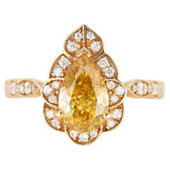 Oro de 18 quilates con certificado GIA 1,53 ct. Anillo de novia solitario con diamante amarillo fantasía en forma de pera