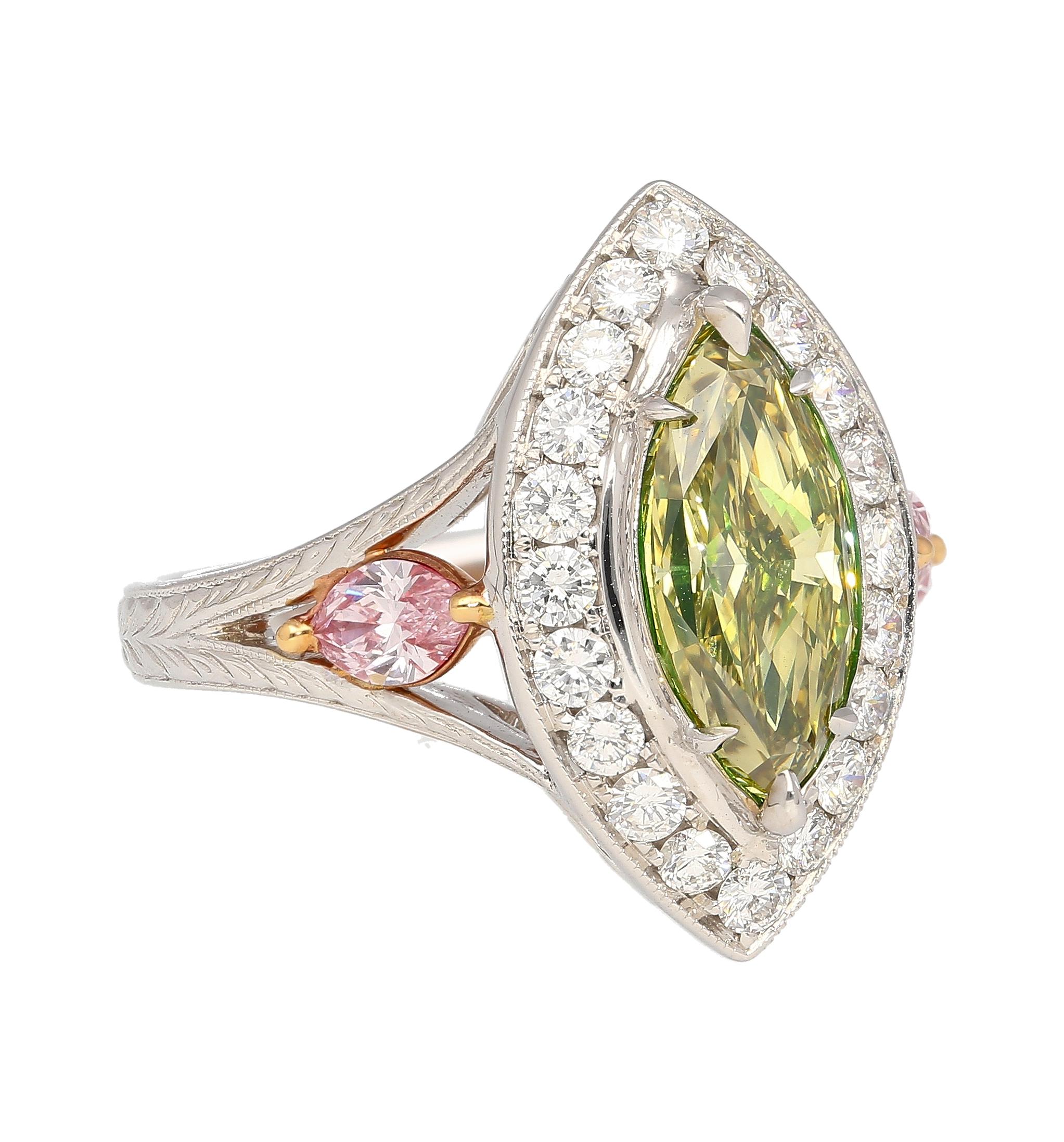 GIA certified 1.92-carat marquise cut Fancy Deep Brownish Greenish Yellow diamond ring. Set with 2 marquise cut pink diamond accents and a round cut white diamond halo. Set in 18k tri-colored gold with meticulous attention to detail. The