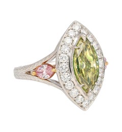 Gia Cert. 1.92 Carat Marquise Fancy Deep Brownish Greenish Yellow Diamond Ring