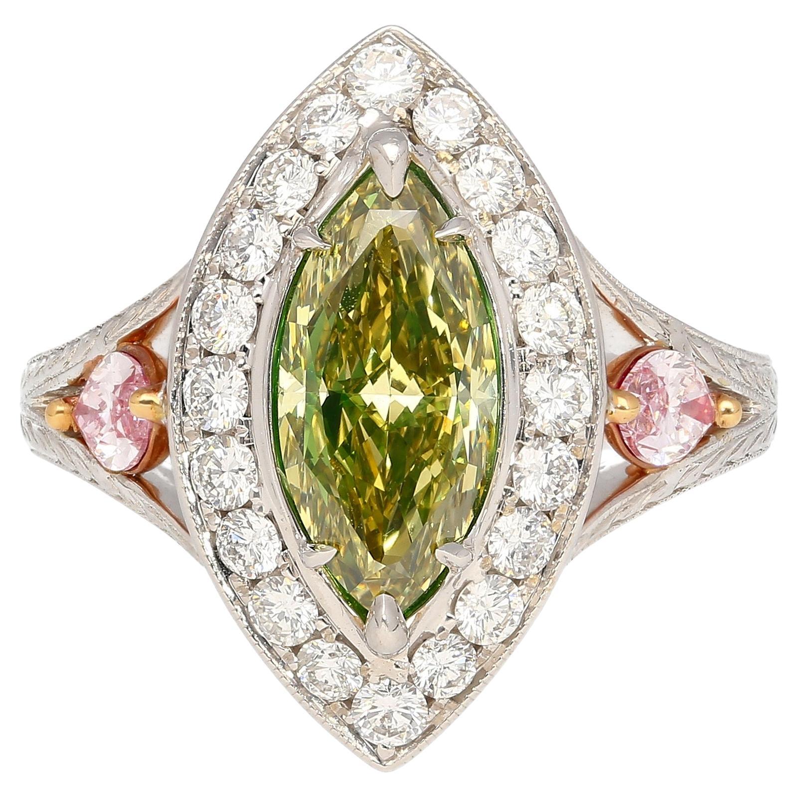 GIA Cert. Bague en diamant Marquise de 1,92 carat de couleur jaune verdâtre brun foncé