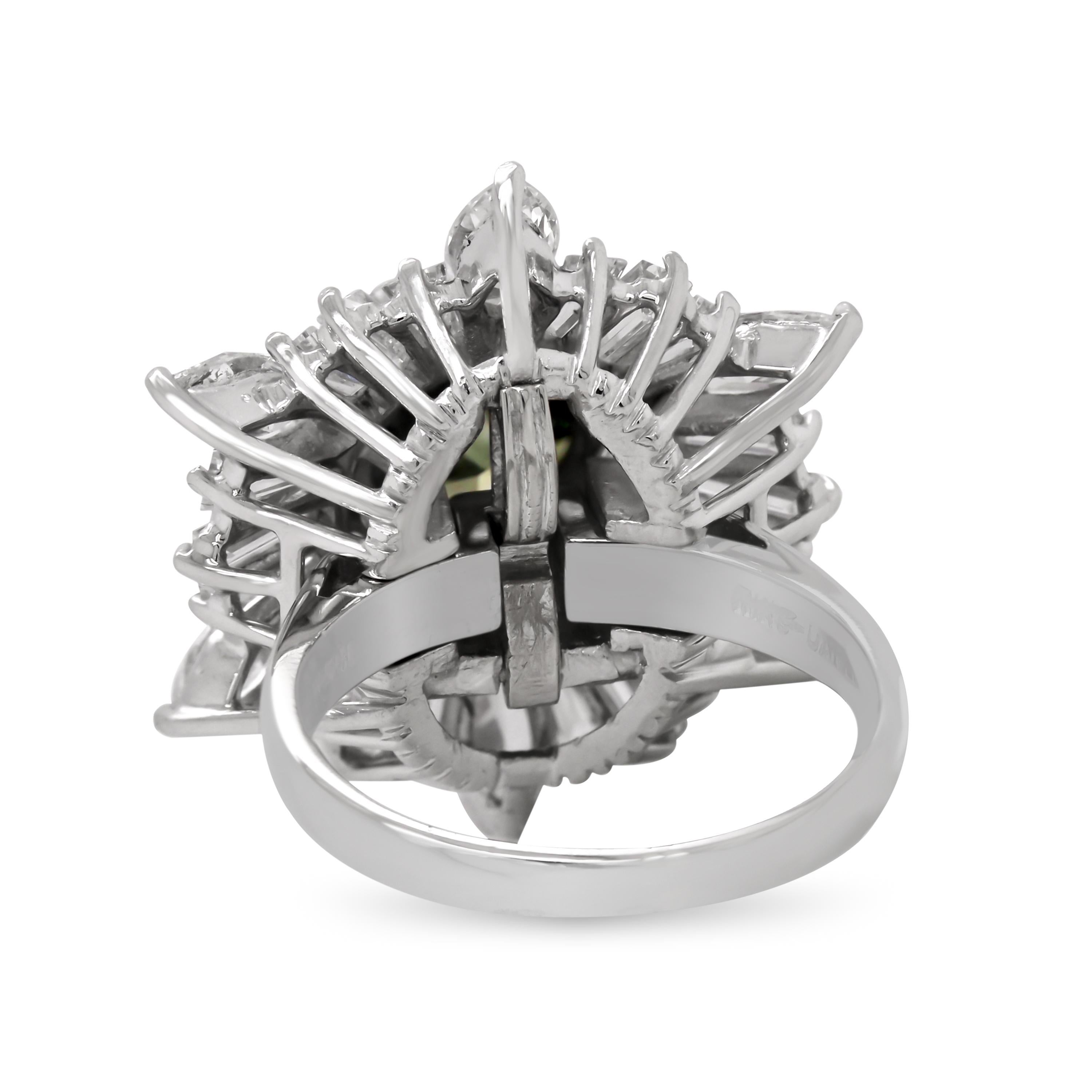 GIA-Zertifikat, 2,77ct. Runder Fancy tiefgraugrüner Diamant Baguette Platin Ring (Rundschliff)