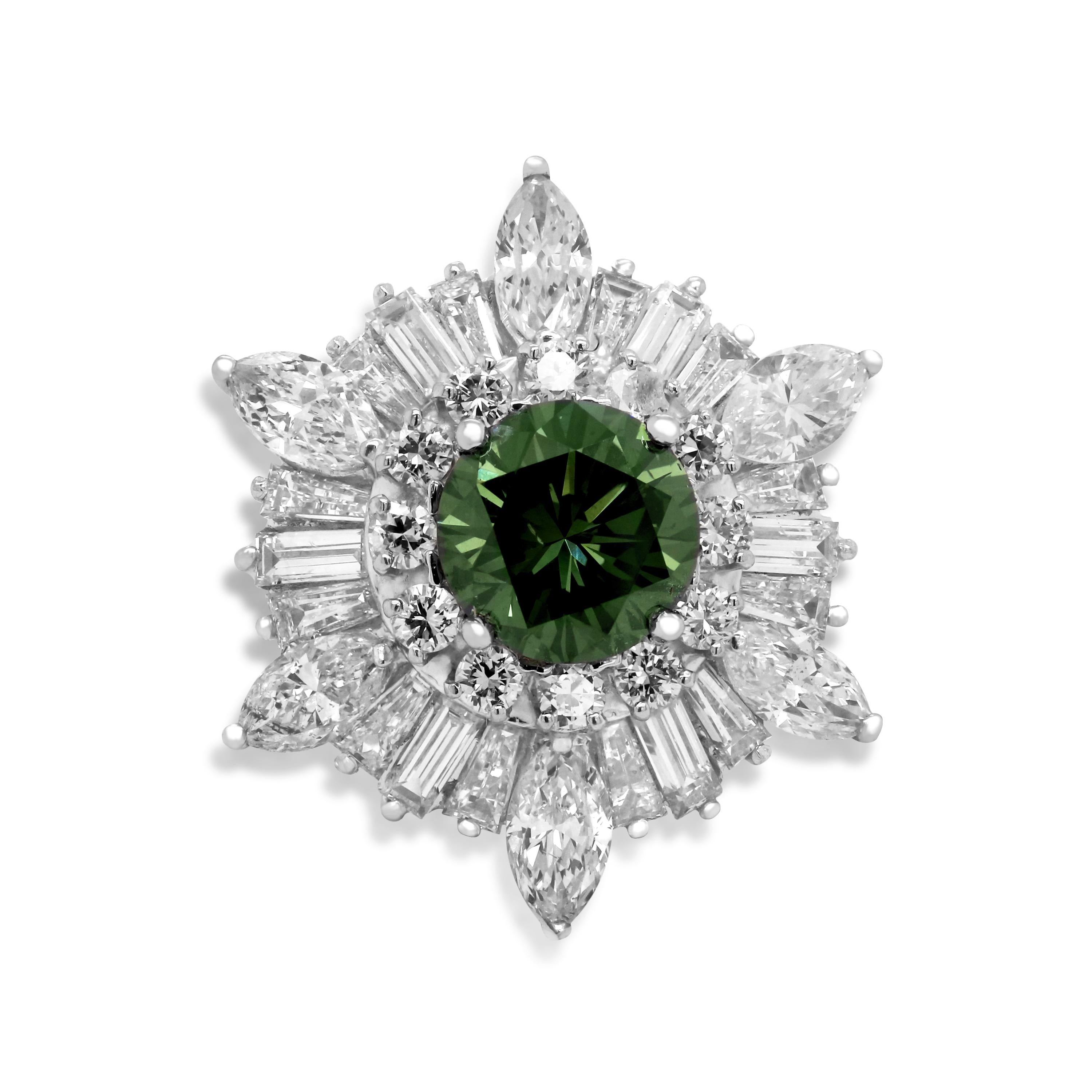 GIA-Zertifikat, 2,77ct. Runder Fancy tiefgraugrüner Diamant Baguette Platin Ring im Zustand „Hervorragend“ in Boca Raton, FL