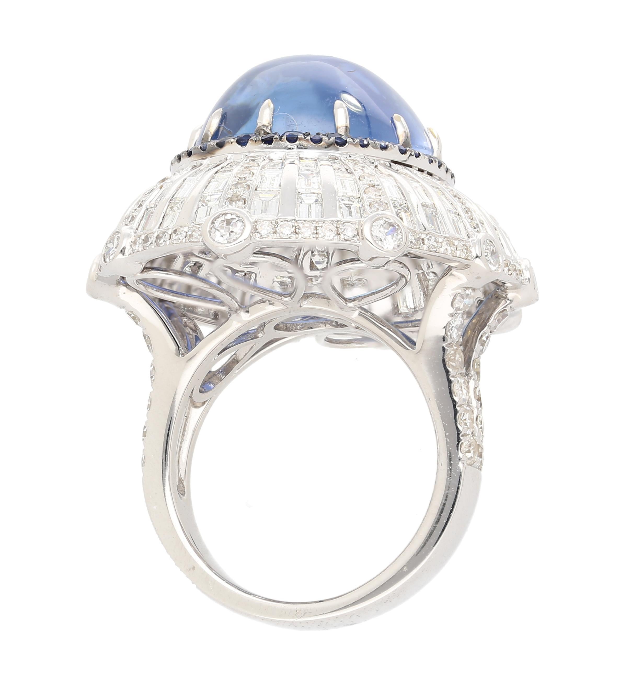 GIA Zertifikat. 26 Karat Saphir keine Hitze Cabochon & Diamant Art Deco Dome 18K Ring im Angebot 1