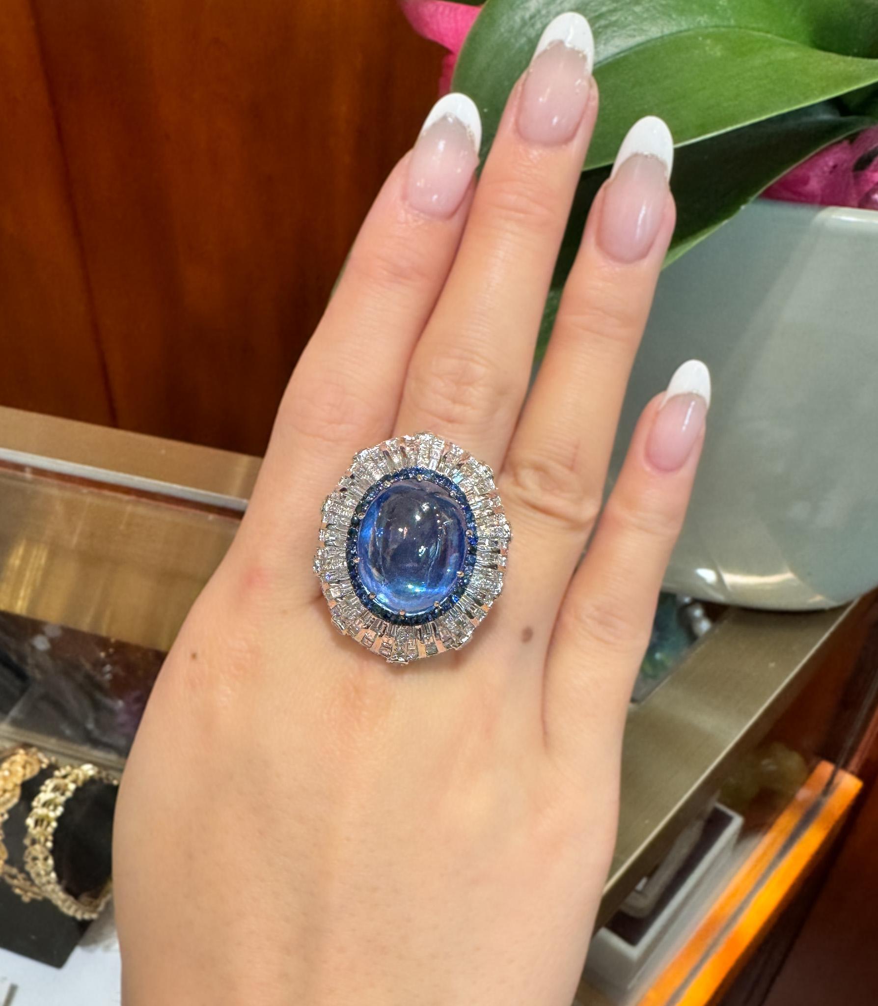 GIA Zertifikat. 26 Karat Saphir keine Hitze Cabochon & Diamant Art Deco Dome 18K Ring im Angebot 2