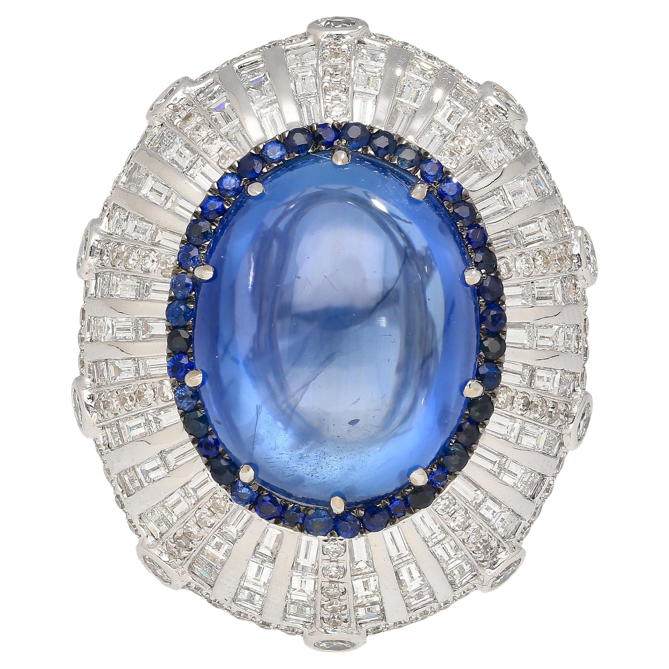 GIA Cert. 26 Carat Sapphire No Heat Cabochon & Diamond Art Deco Dome 18K Ring