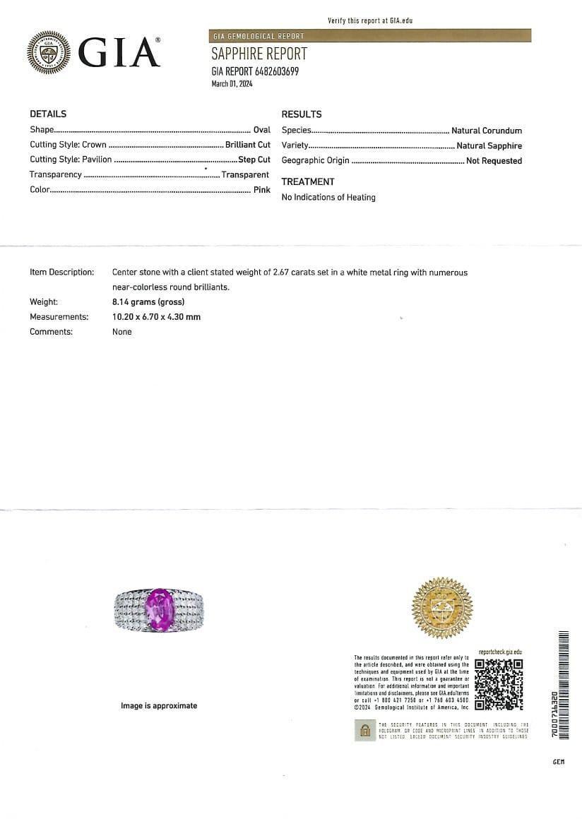 GIA-zertifizierter 2,67 Karat unbehandelter rosa Saphir & Diamanten mit Nieten aus 18 Karat Weißgold Band im Angebot 5